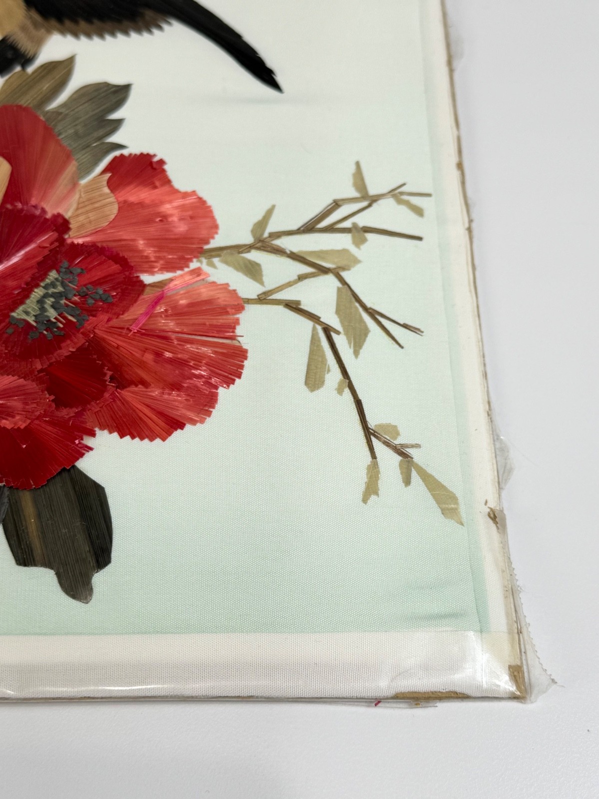 Vintage Chinese Wheat Straw Birds and Flowers Hand Crafted Art Panel 11×14 Inch
