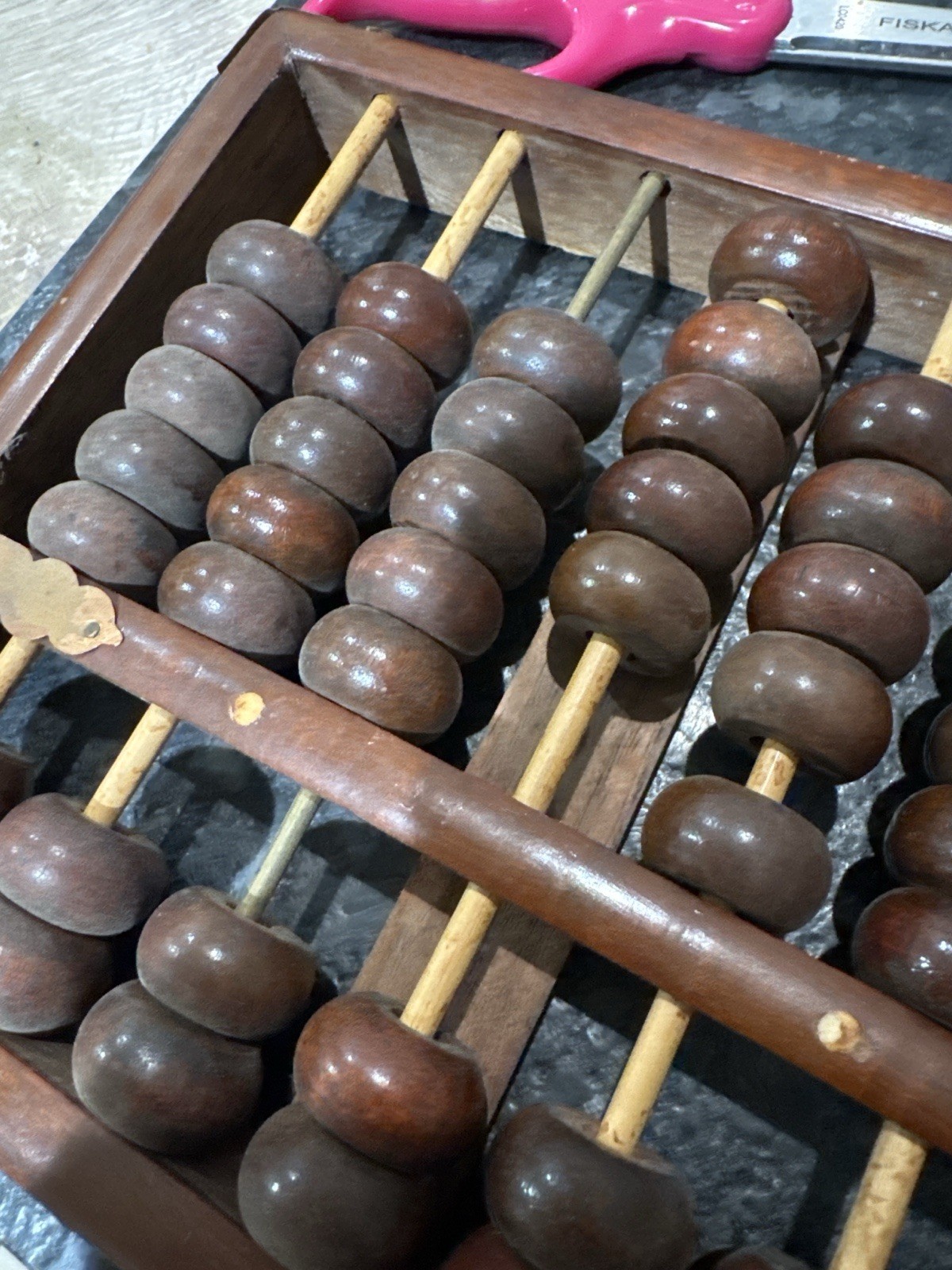 Vintage Chinese Suanpan Abacus Hardwood 11 Row Brass Hardware 12.75”