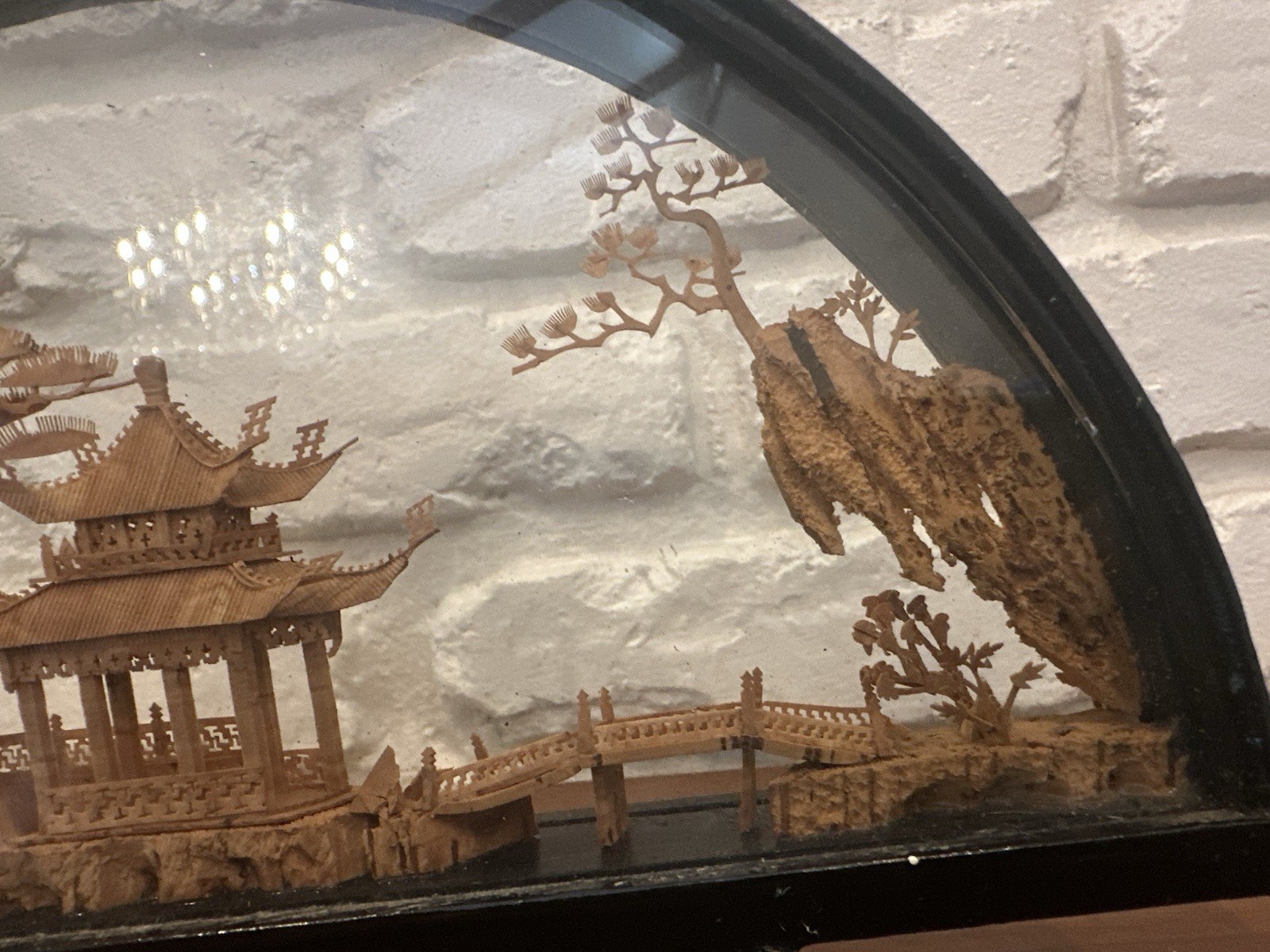 VINTAGE CHINESE SAN YOU DIORAMA CORK CARVING GLASS CASE PAGODA TREES & CRANES.