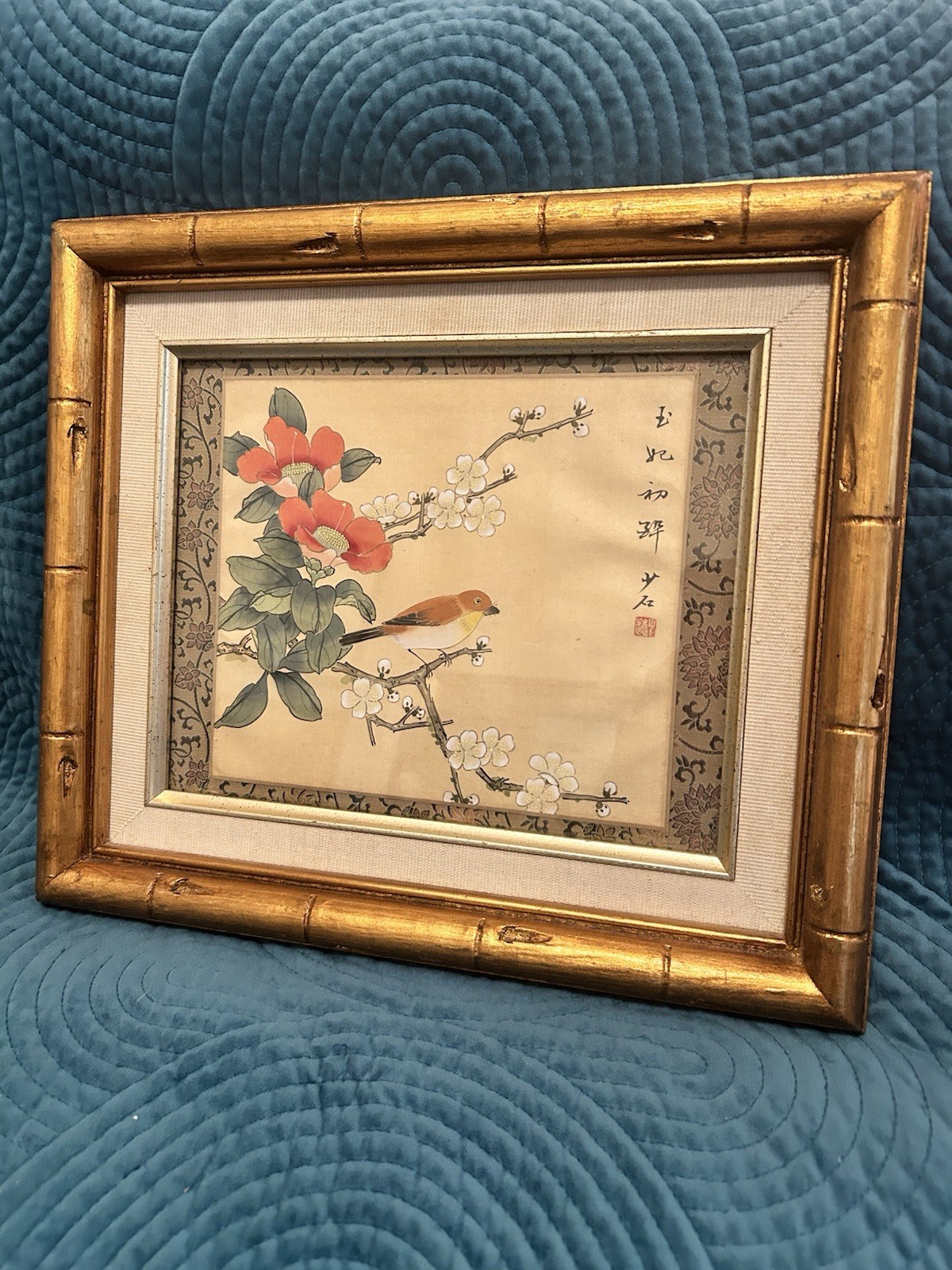 Vintage Chinese Silk Handpainted Bird Art In Gold Bamboo Frames 14×12” – 2