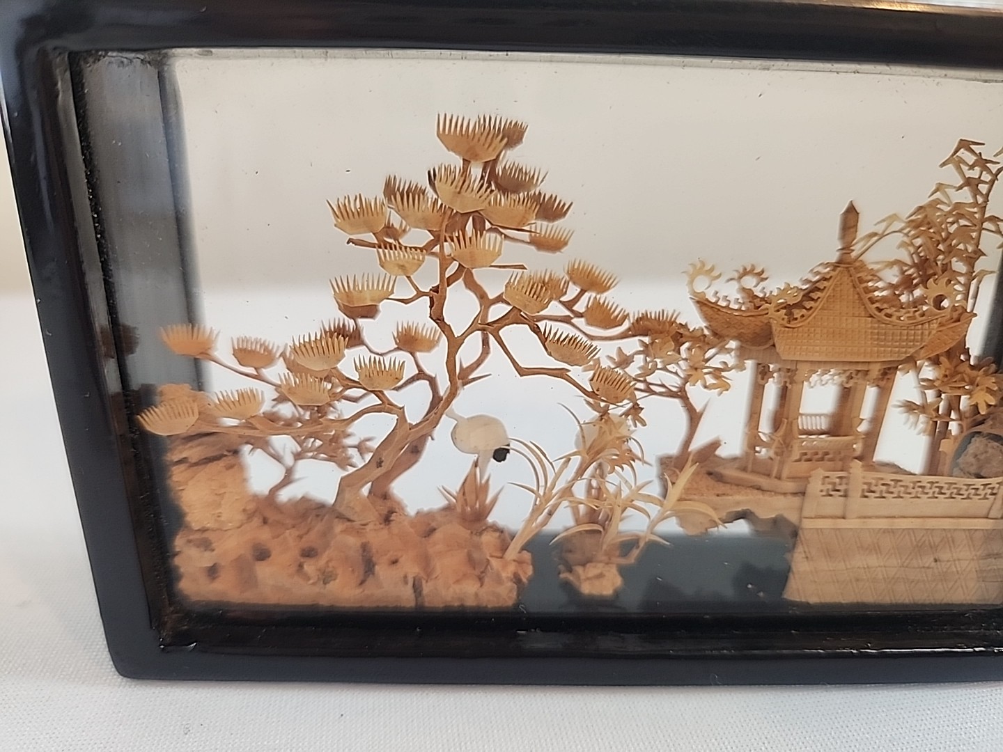 VTG Hand-Carved Chinese Cork & Wood Diorama Encased In Glass Pagoda Storks