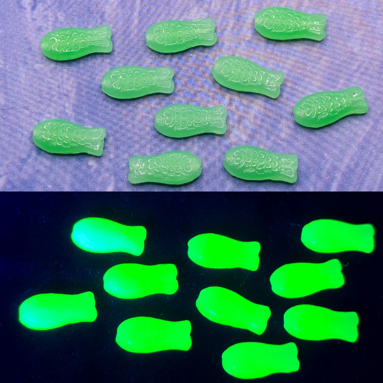 Fish Uranium Glass Beads Green Czech 15mm 10pcs