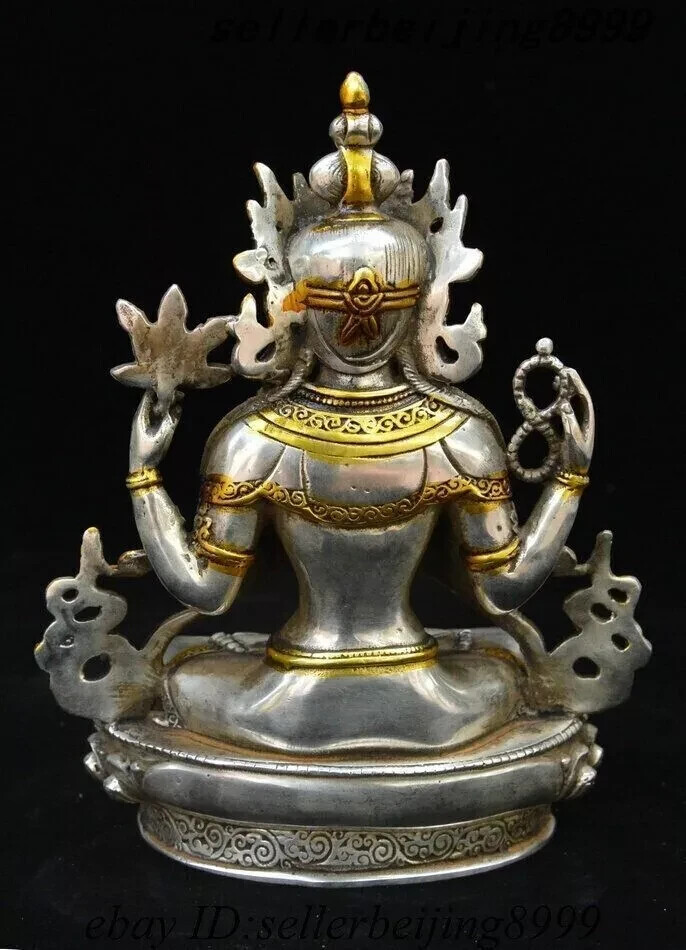 8″ Tibet Silver Gilt 4 Arms Chenrezig Goddess Buddhas Avalokiteshvara God Statue