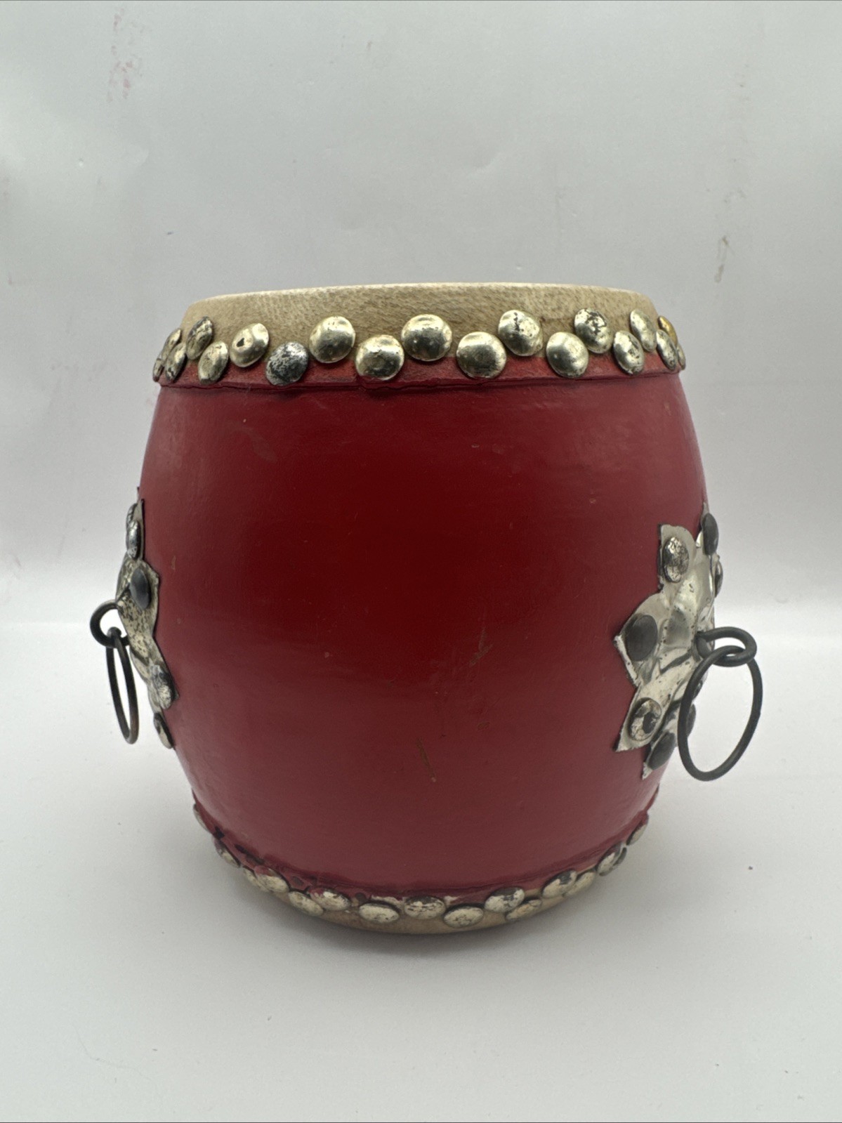 20th Century Chinese Traditional Small Red Tanggu. Wood, Cowhide, Metal 6×6 In.