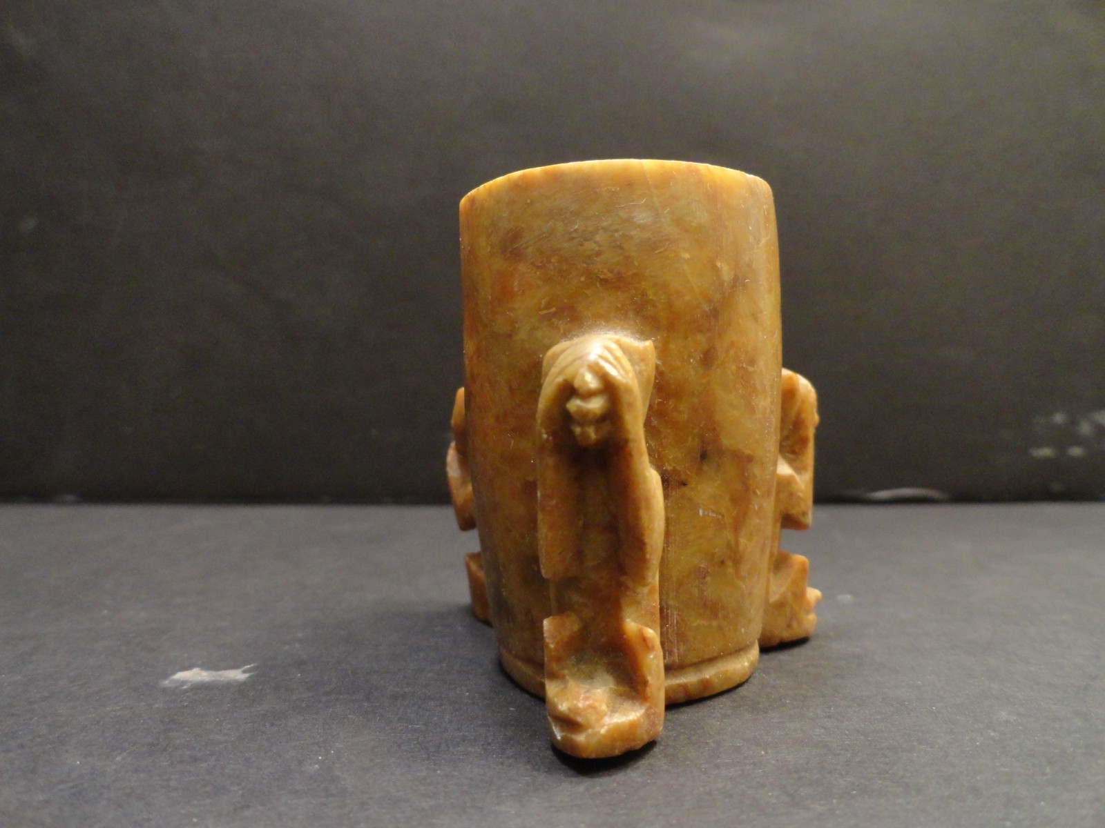 Antique Soapstone Carved Toothpick Holder Cup 3 Monkey See, Hear ,Speak no Evil