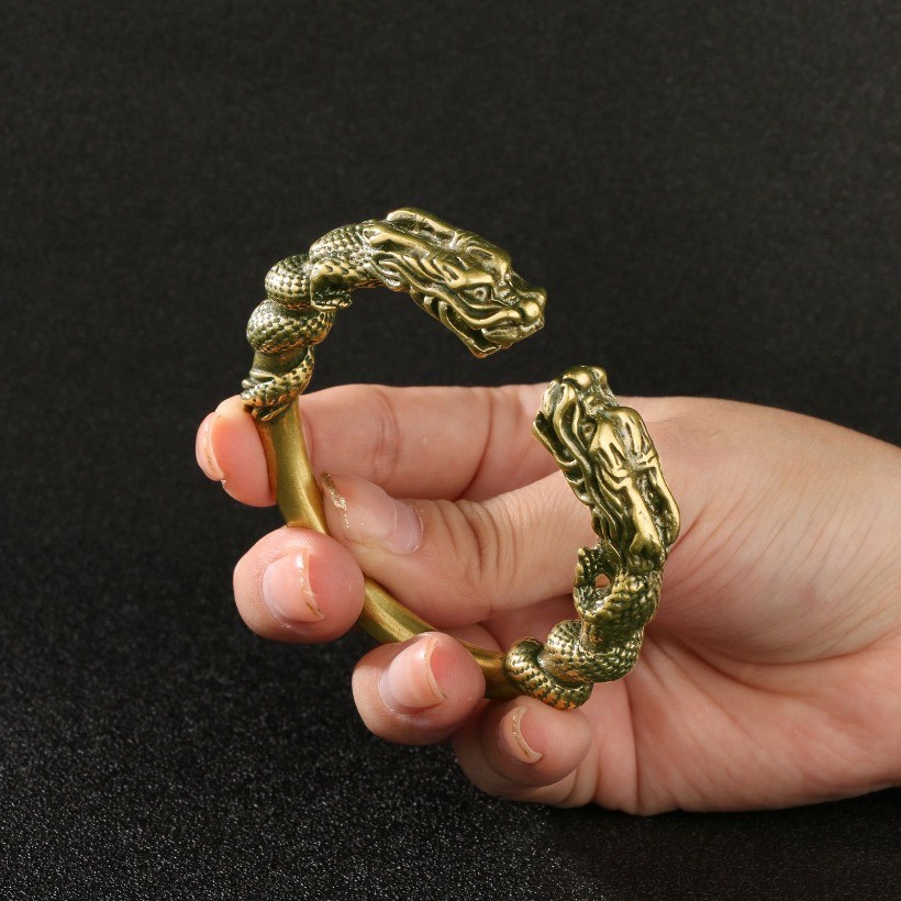 Vintage Double Dragon Head Pure Copper Bracelet Antique Open Bangle Jewelry