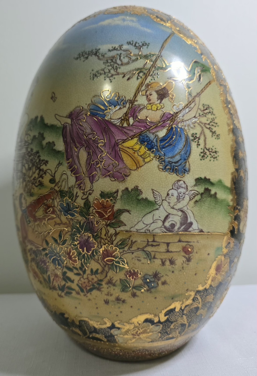 VTG 1950s HandPainted Satsuma Large Porcelain Egg Courting Couple Cherub Motifs