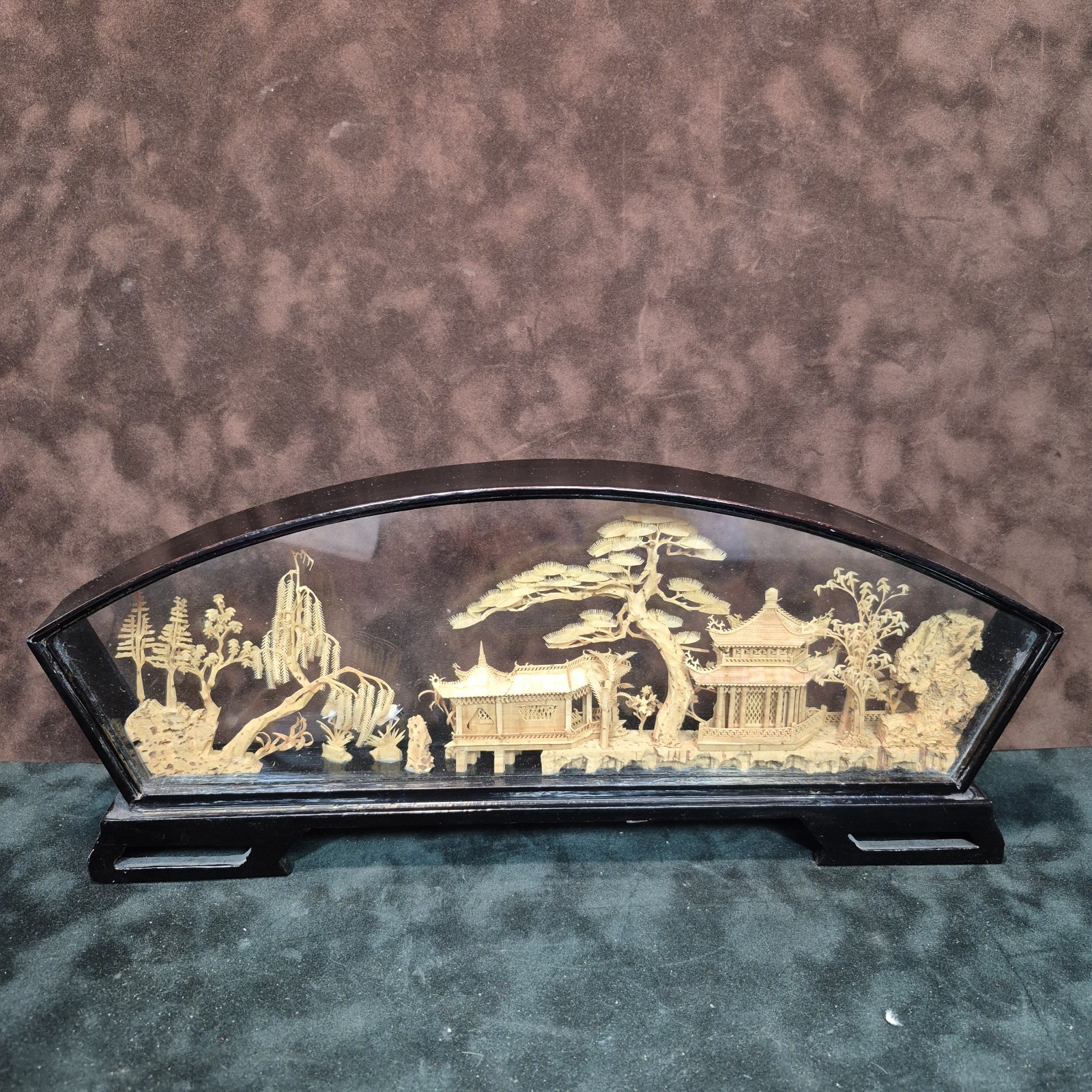 Vintage Chinese Cork Art Diorama Cranes Pagoda Trees Hand Carved in Glass Case