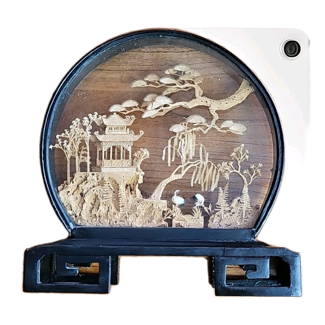 Vintage Chinese San You Diorama Cork Carving Glass Case Pagoda Trees & Cranes