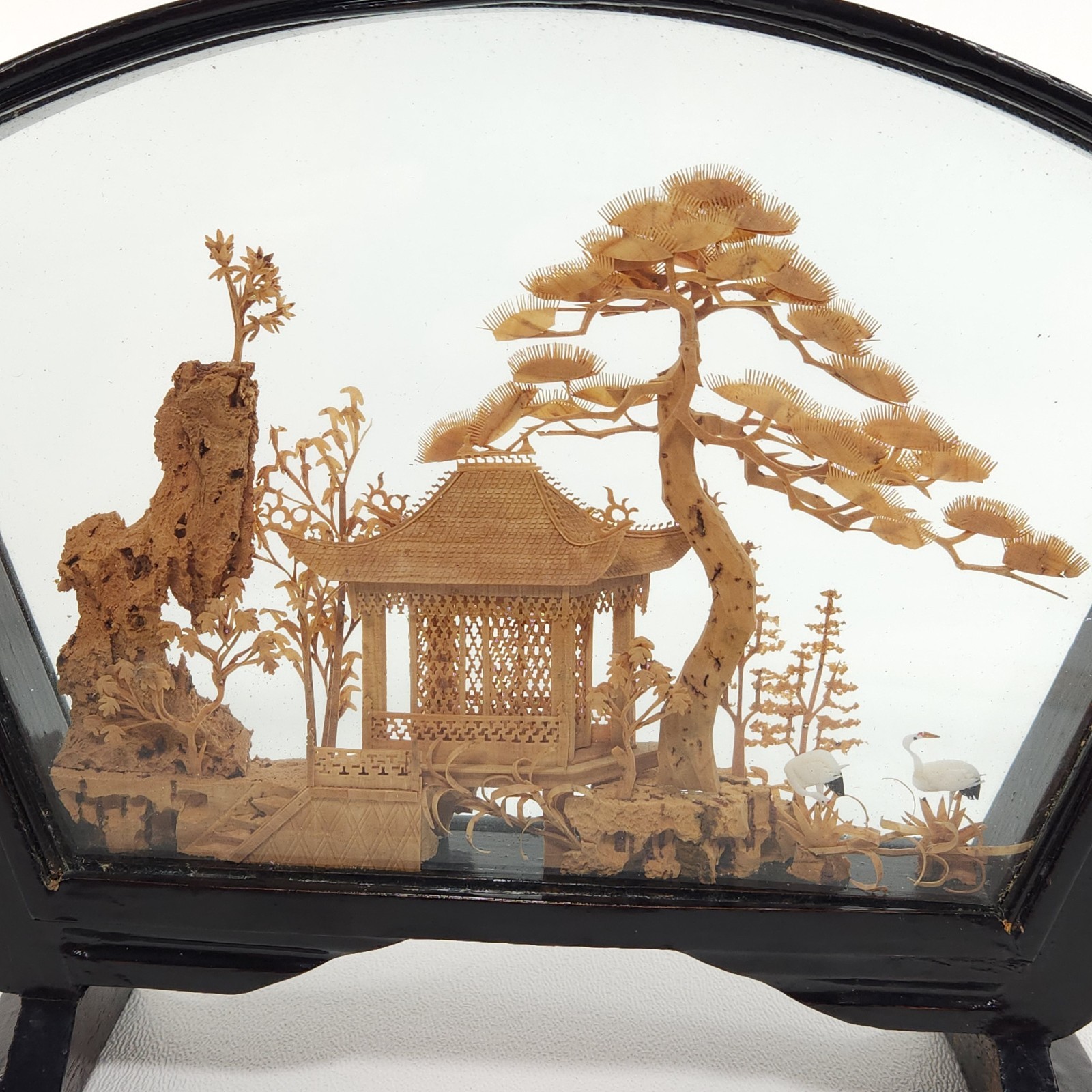 Vintage Chinese Diorama Cork Carving Glass Case Pagoda Trees Cranes
