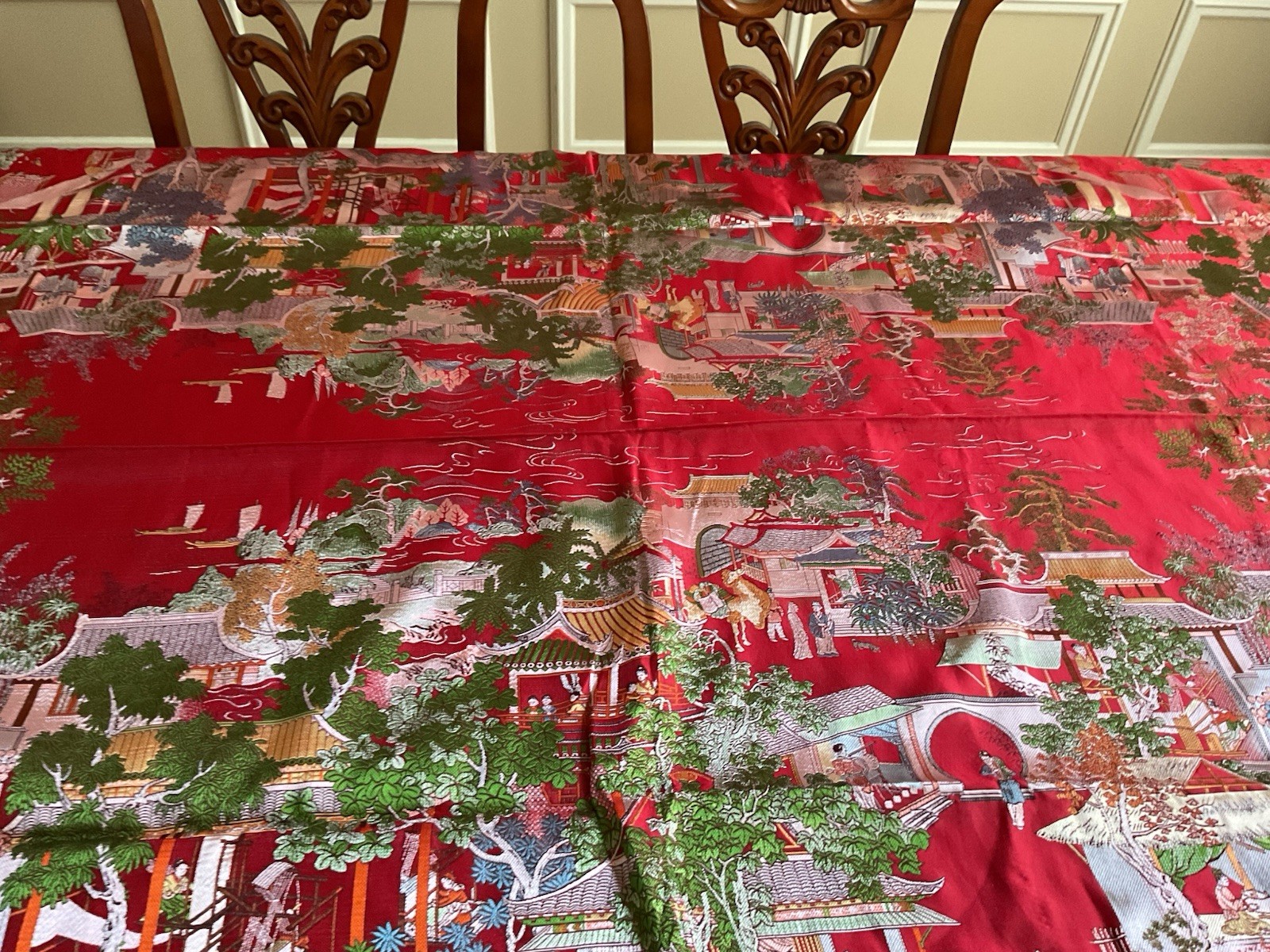 Vintage Brocaded Flowers brand Chinese Red Silk Tapestry Tablecloth 80″x54″