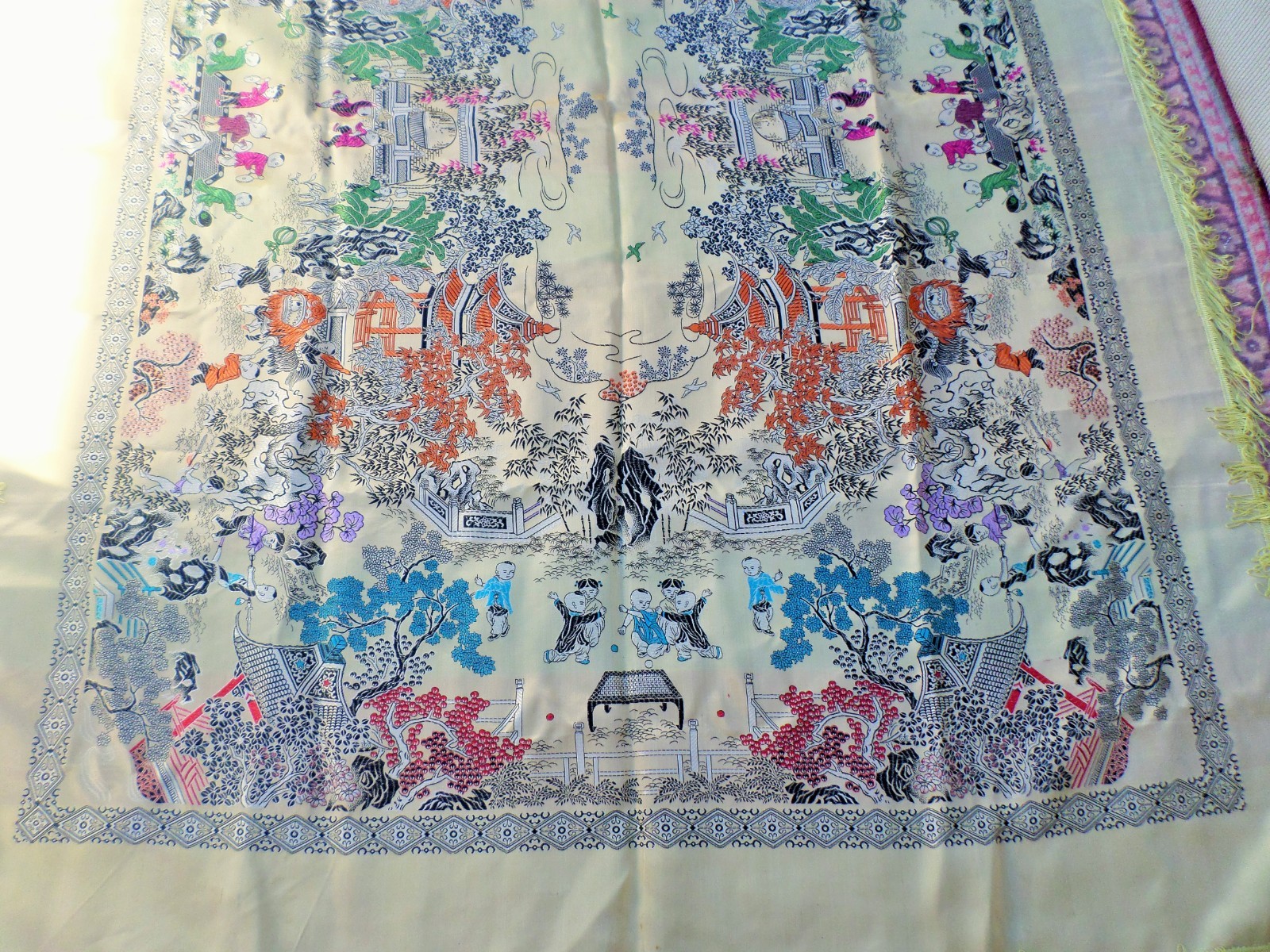 VTG CHINESE SILK BROCADE TABLECLOTH PIANO SCARF ASIAN VILLAGE CELEBRATION 74X56