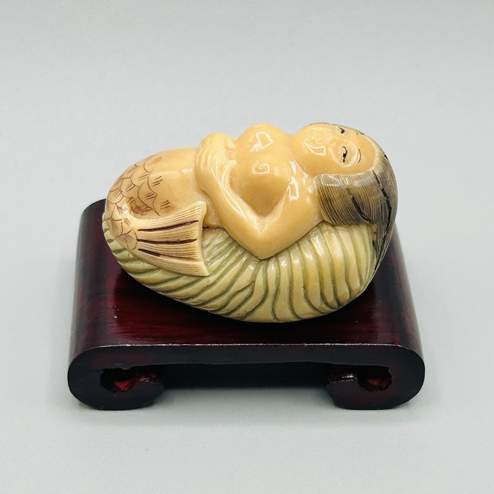 Hand Carved and Painted TAGUA NUT MERMAID from Hong Kong Rare Vintage Fabulous