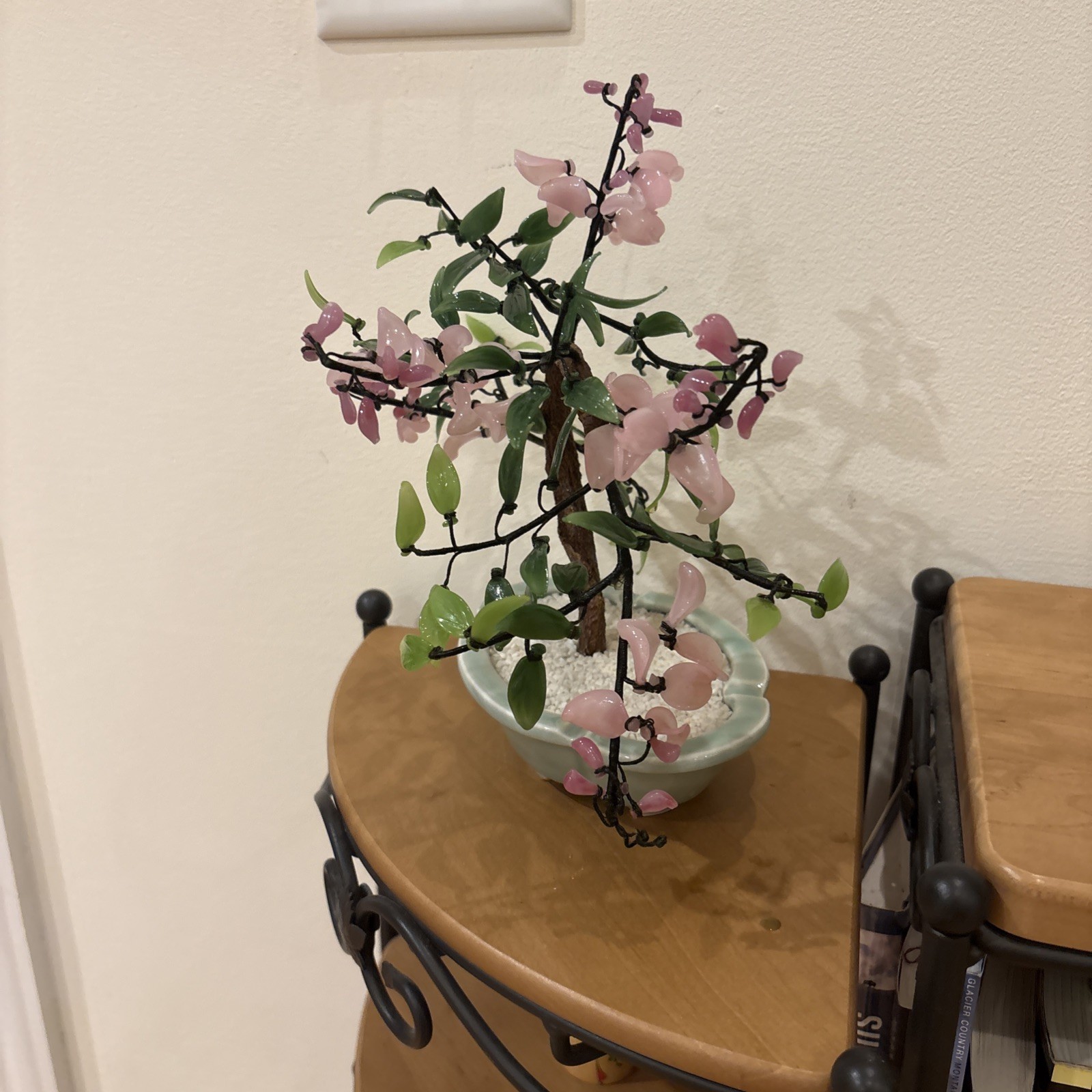 JADE BONSAI TREE CHINESE GLASS ASIAN FLOWERS in pot Approx 11” W X 10”T