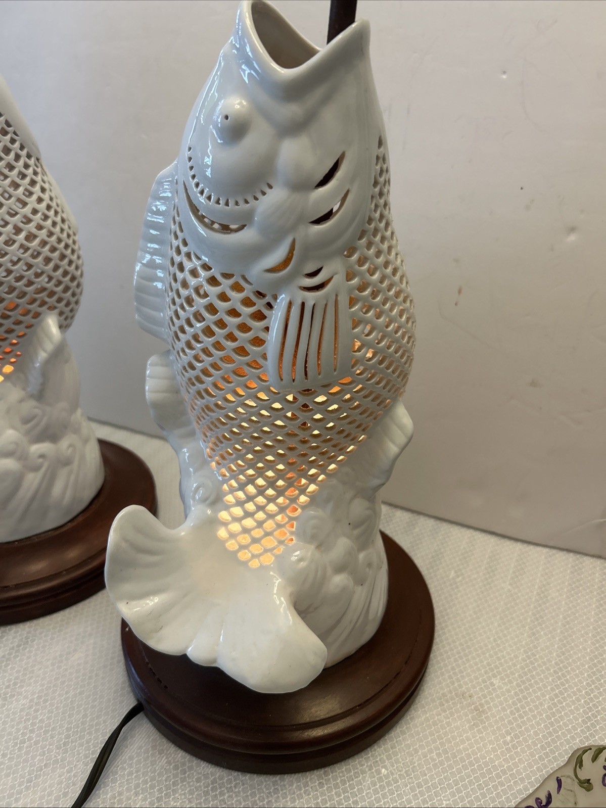 2 Reticulated Porcelain Lamps Blanc De Chine White Koi Carp Fish Japan Vintage