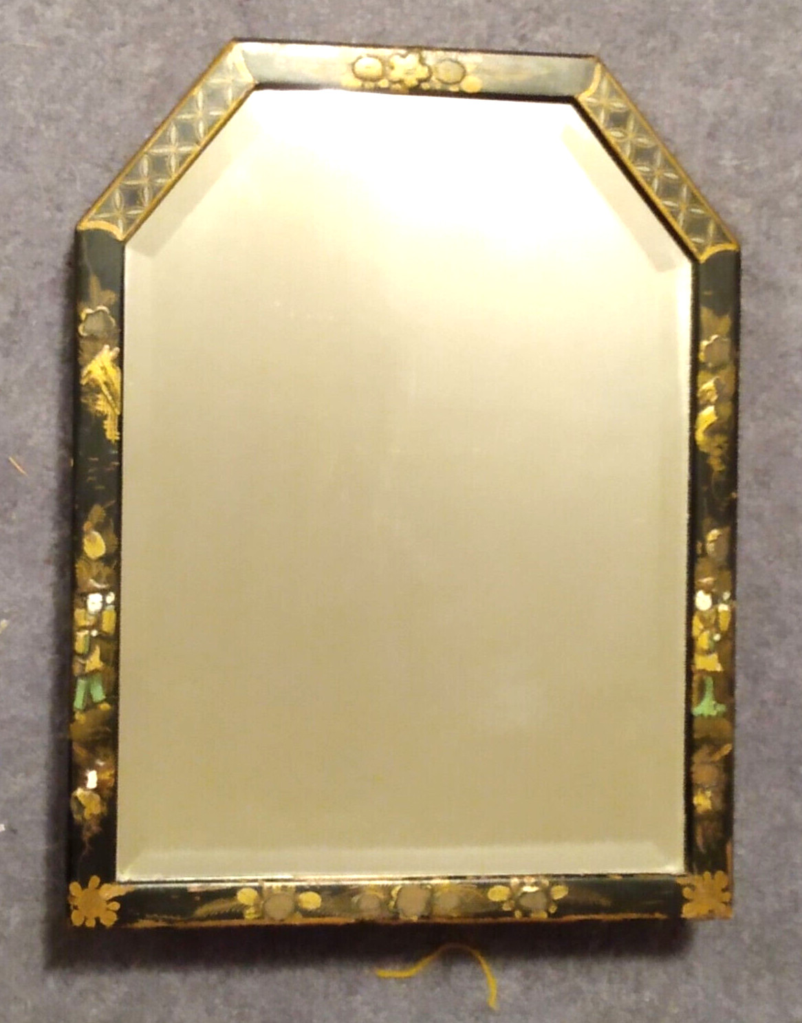 ANTIQUE CHINESE MIRROR, c 1900. HAND-PAINTED WOOD w ORIGINAL GLASS 10″ x 13″