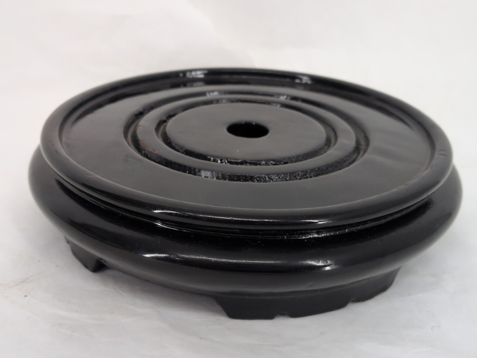 Vintage Chinese 20th c. Carved Black Lacquer Round Wooden Wood Stand Fits 6″