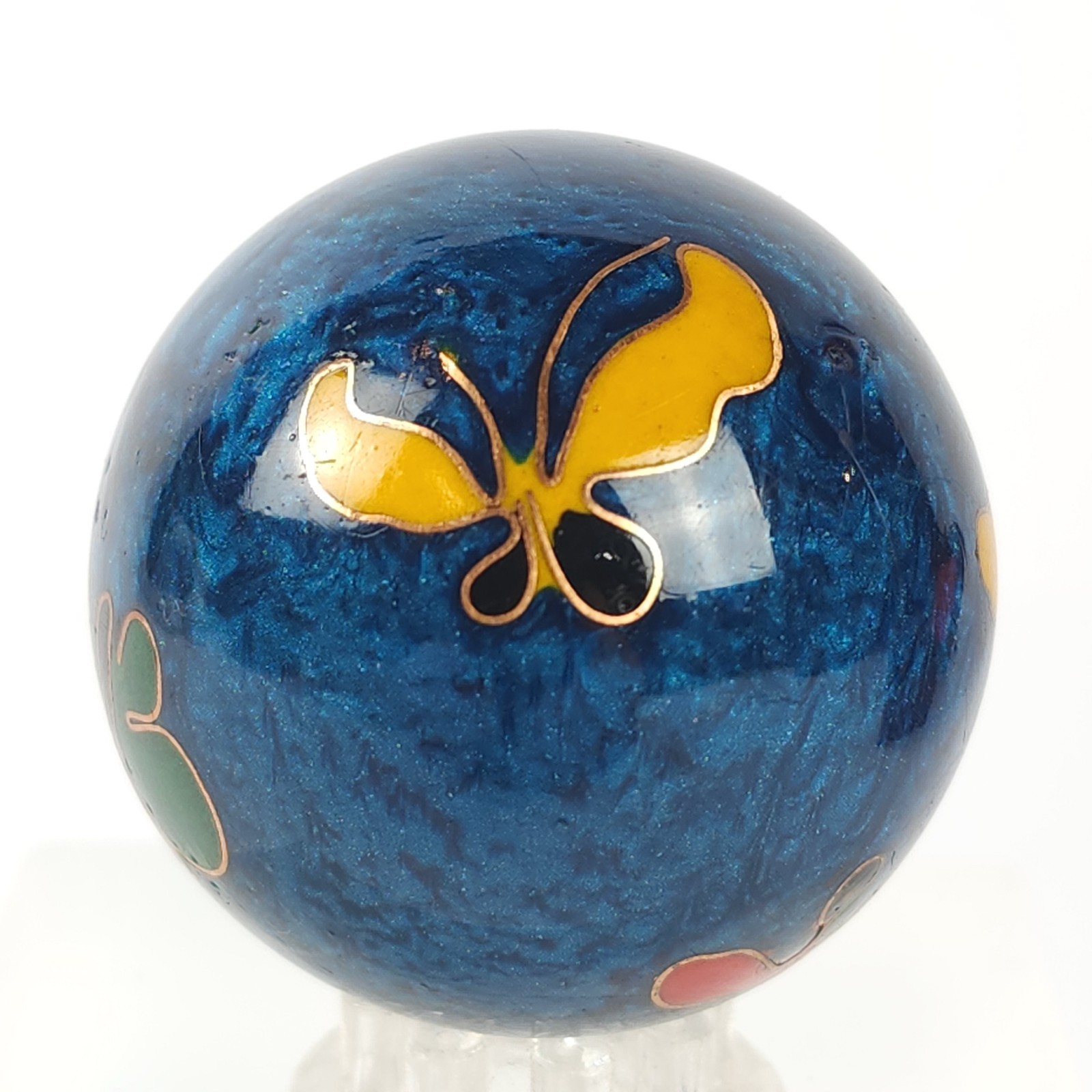 Vintage Chinese Cloisonné Baoding Health Balls w Box Blue Enamel w Butterflies