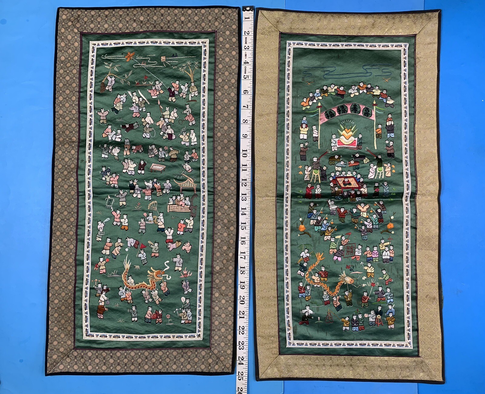 2 Vintage Chinese Hand Embroidered Silk Tapestry Wall Hanging Panels Children