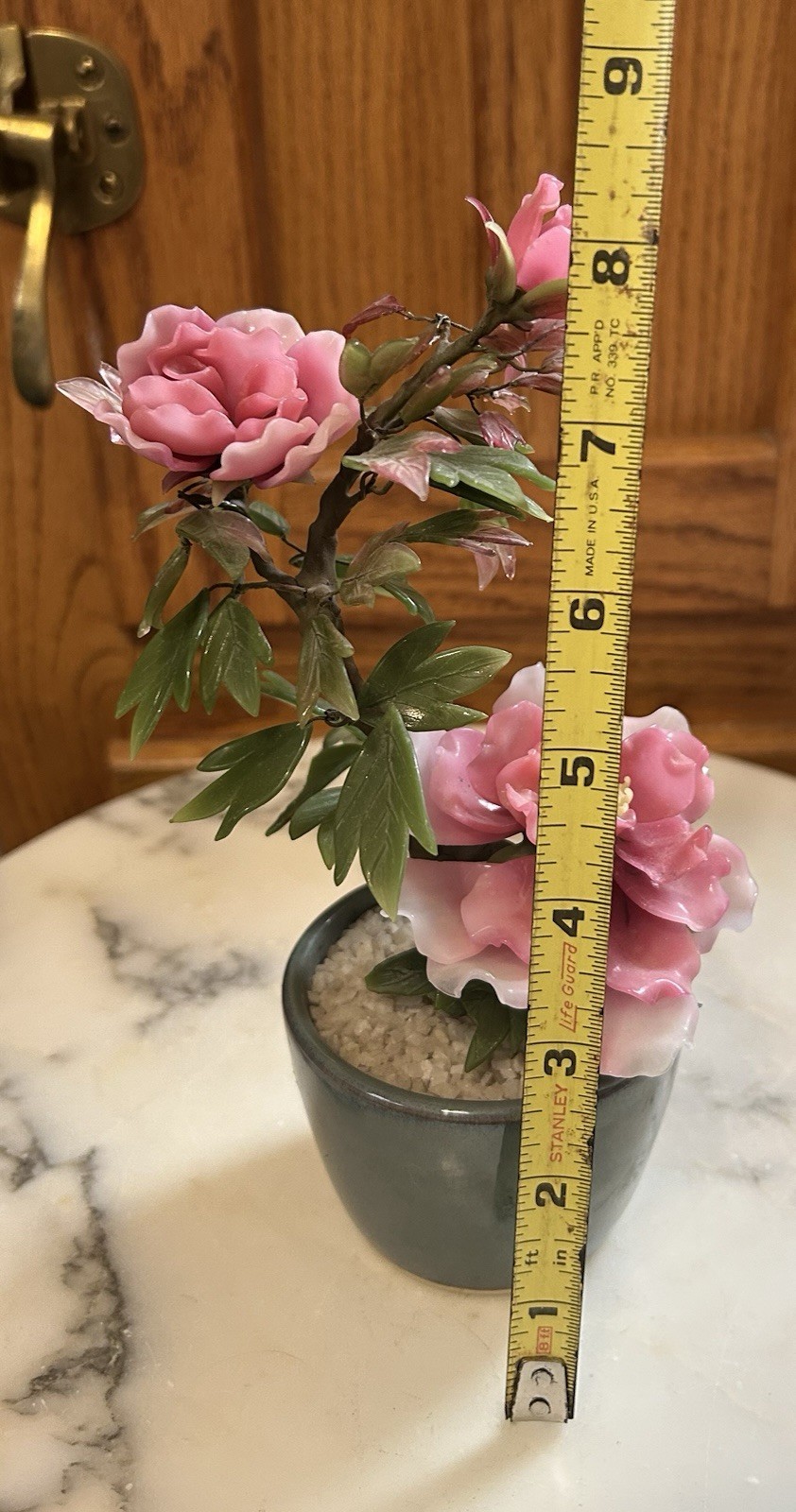 Vintage Chinese Jade Glass Leaves Pink Peony Flowers Bonsai Tree Green Celadon
