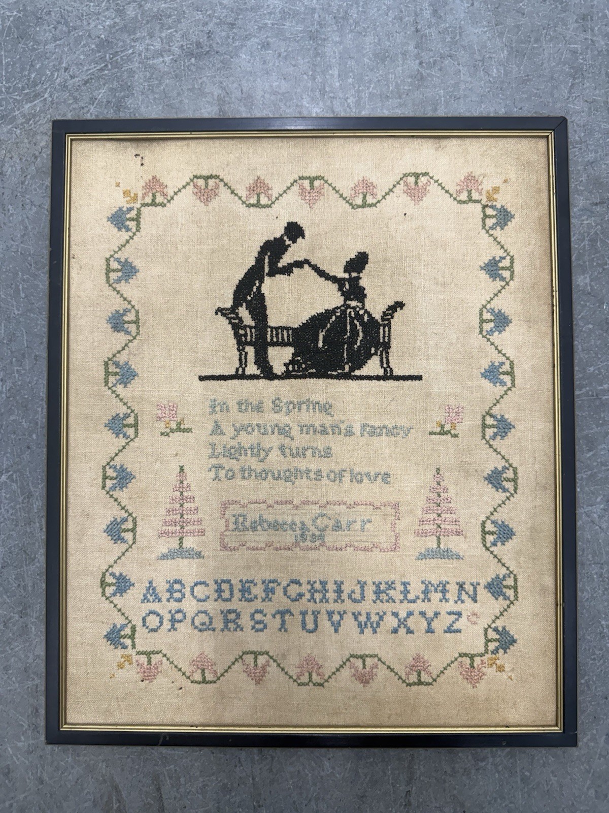 Antique 1928 Needlework Sampler In The Spring Love Poem Silhouette Jordan Marsh
