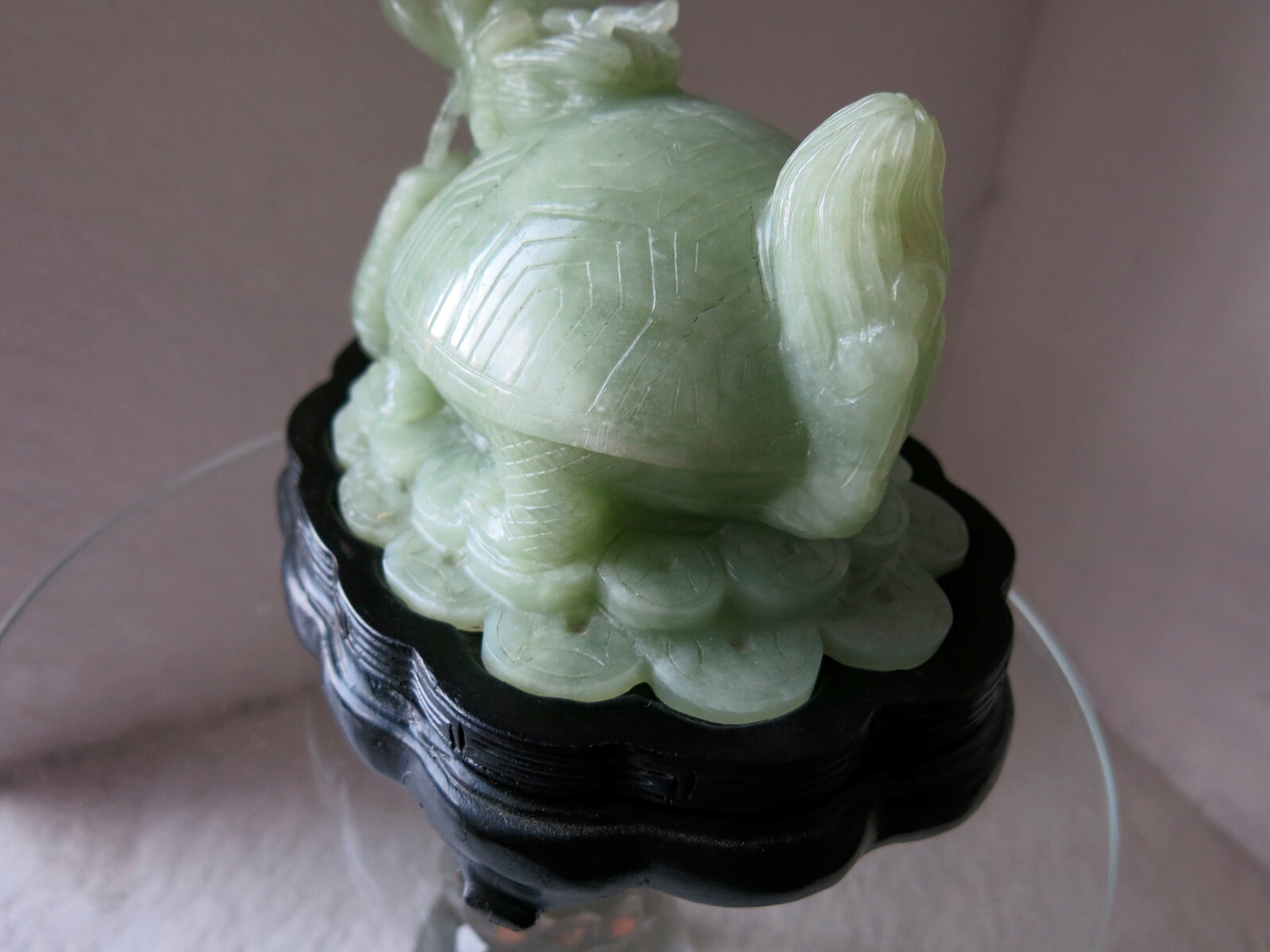 Asian Carved Jade Turtle – Many Symbols: Foo Dog Head, Coin in Mouth
