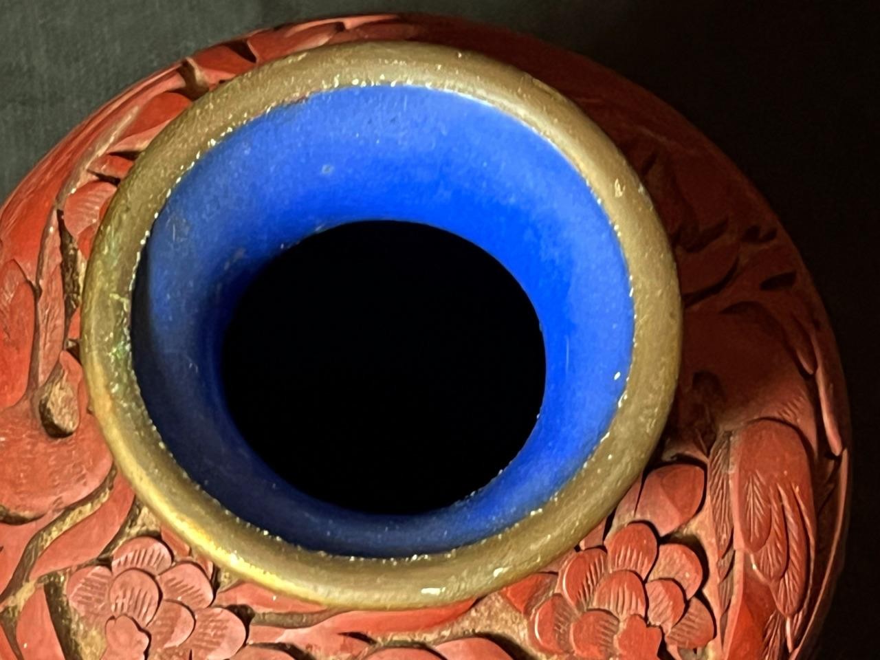 Old Chinese Antique Hand Carved Cinnabar Red Lacquer Vase Urn QING Blue Enamel