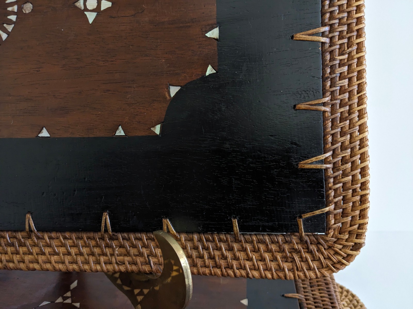 Vintage Mid Century Rattan Wood Placemats Shell Inlay Chinese Coin Boho Set of 8