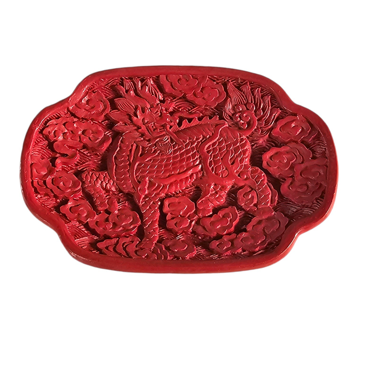 Vintage Chinese Decorative Cinnabar Lion Fu Dog Foo Dog Clouds Carved Dish 4″