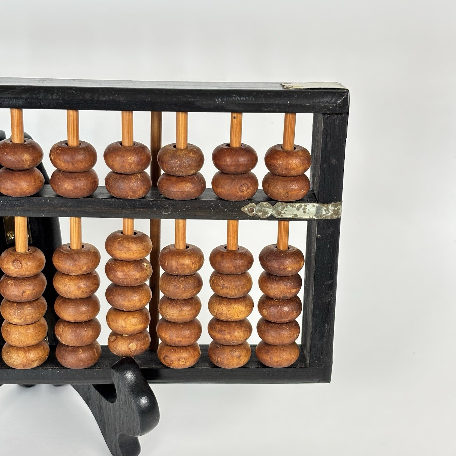 Vintage Wood Abacus 11 Rods 77 Wooden Beads Brass Corners Asian Calculator