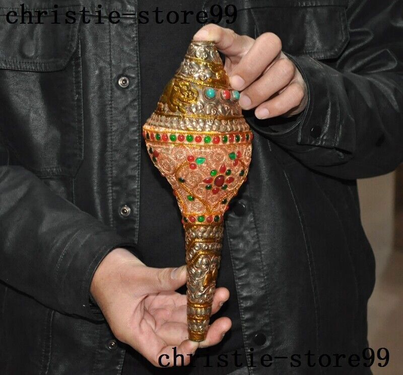 10″Tibet Buddhism bronze Gilt silver Filigree Inlay gem Conch Trumpet Horn Shell