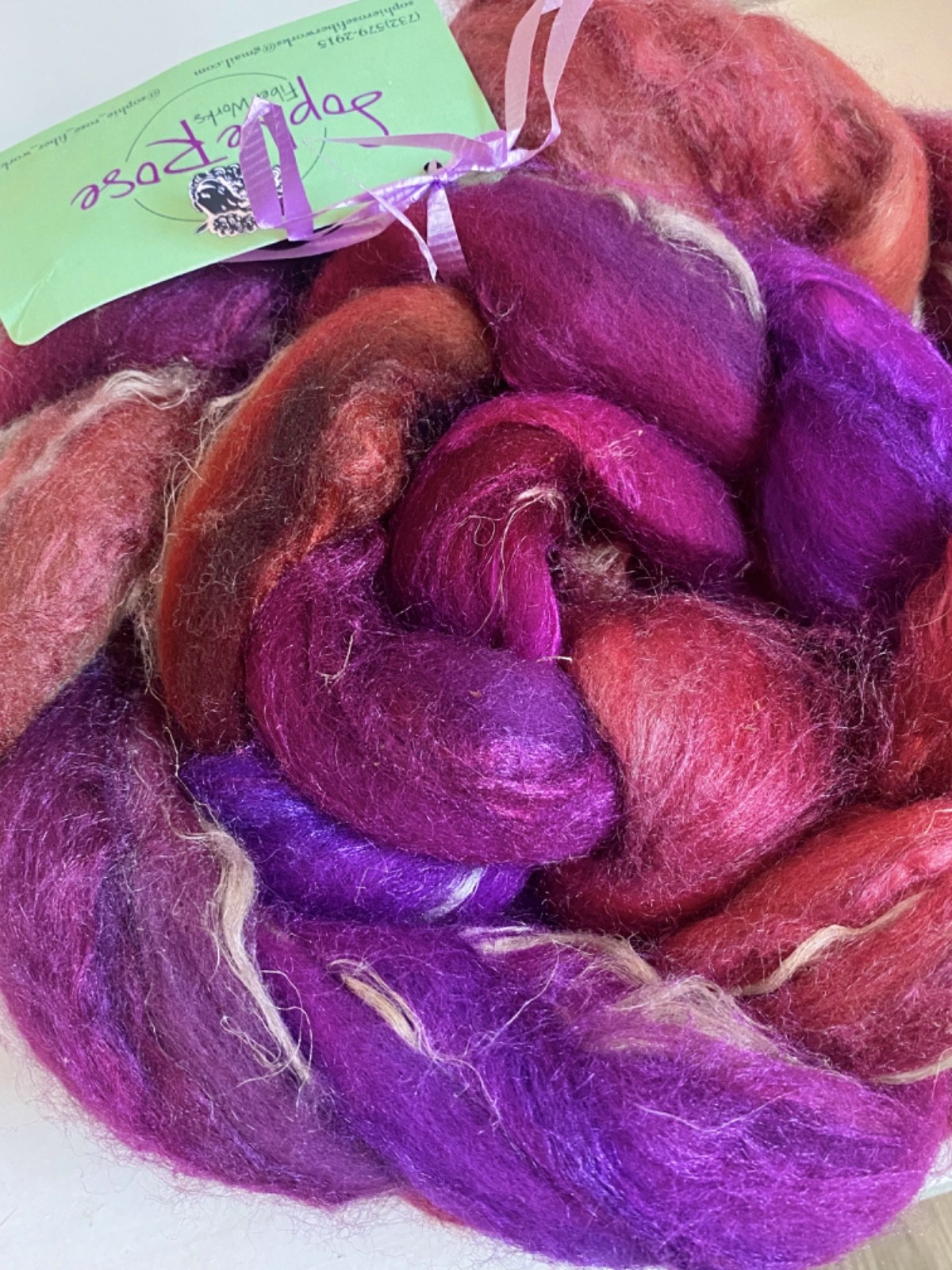 Fiberworks Sophie Rose Roving Hand Dyed Combed Top Merino/Silk/Flax 4 oz