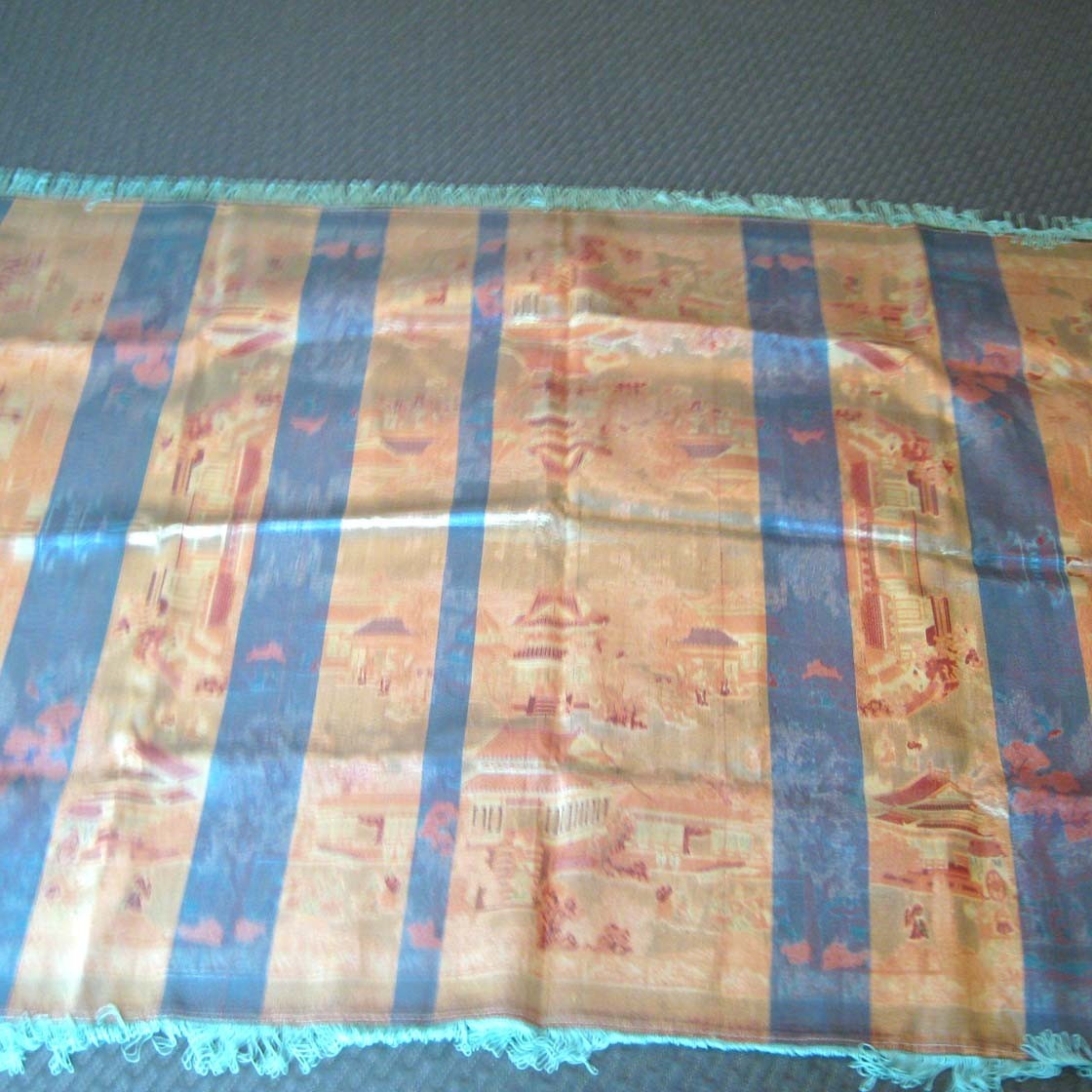 Vtg Asian Brocaded Flowers Silk Tapestry Fringed Tablecloth 40 by 60 In WWII Era