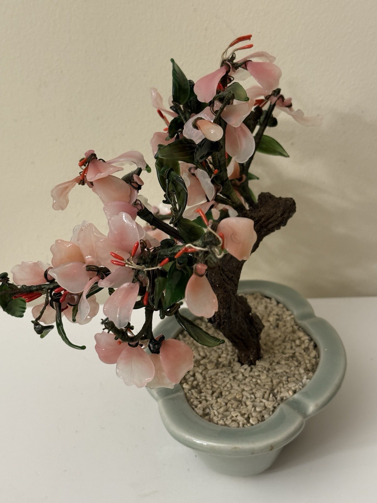 Vtg Asian Jade Glass Flowering Pink Cherry Blossom Bonsai Tree Ceramic Pot 8×9”