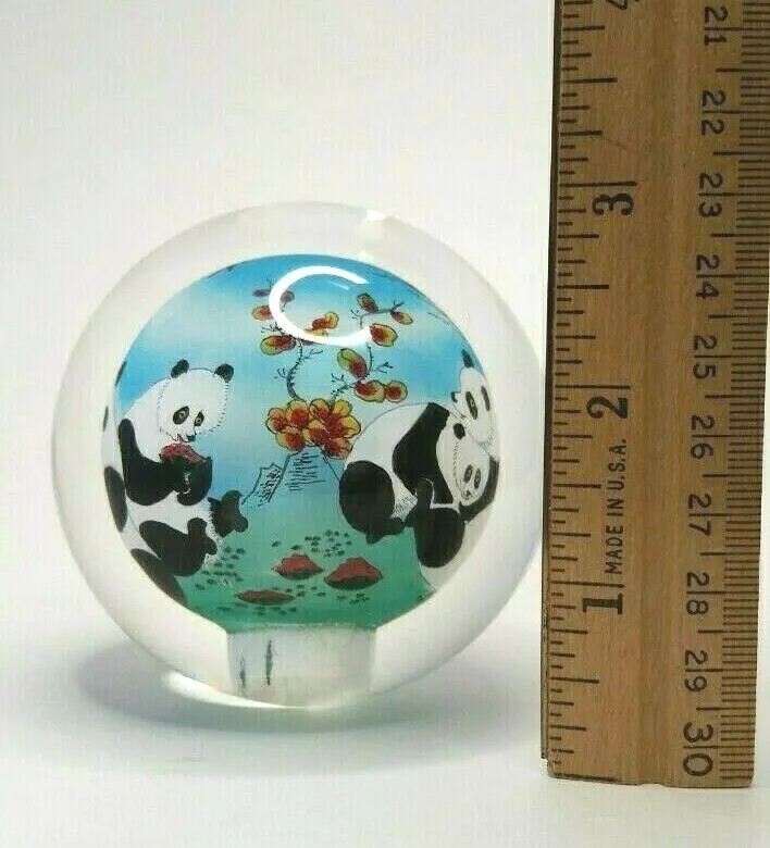 Chinese Glass Ball Sphere Paperweight Reverse Hand Painted Pandas NO Base