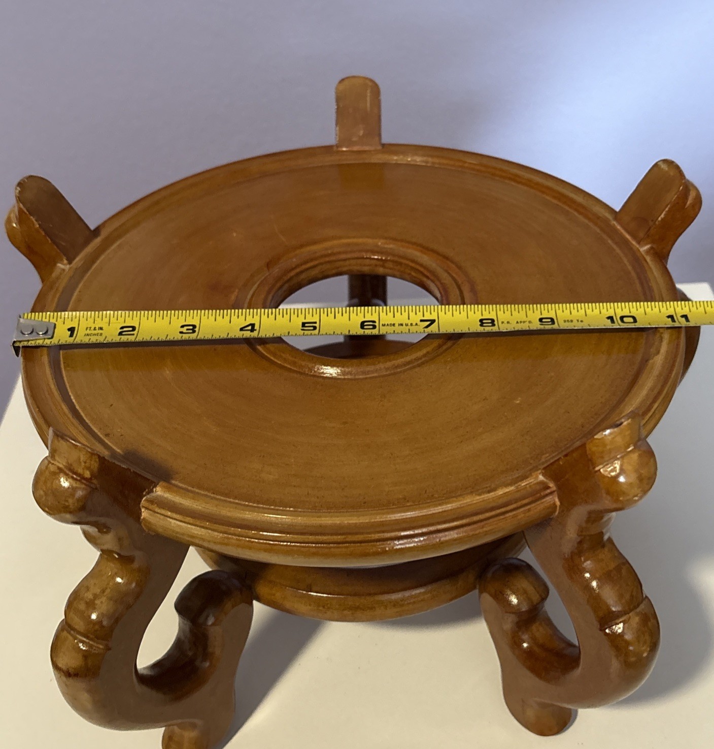 Carved Wood Plant Stand Display Honey Brown Vase Fish Bowl Asian Oriental 10”