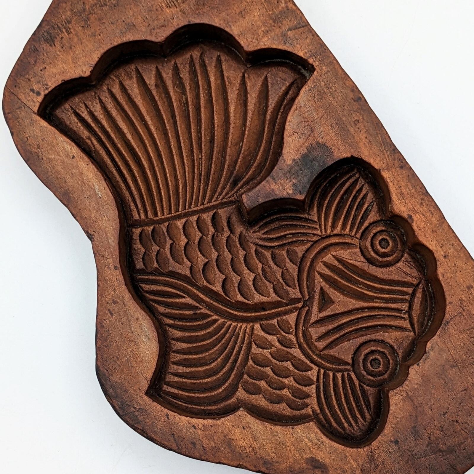 Vintage koi fish mooncake wooden mold hand carved 10 inches long
