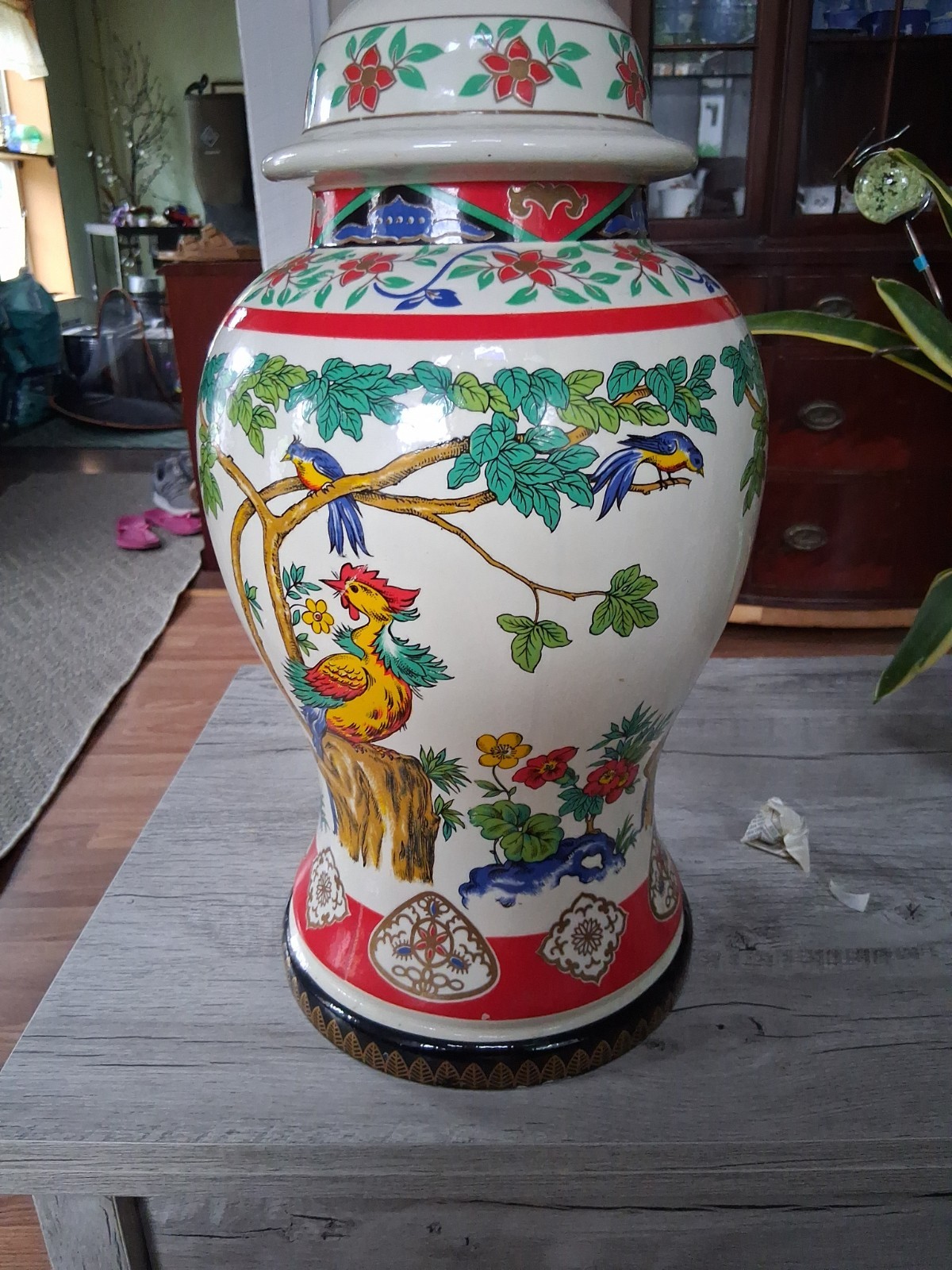 RARE Vintage Chinese Hand-Painted Famille Bird Porcelain Large Lamp