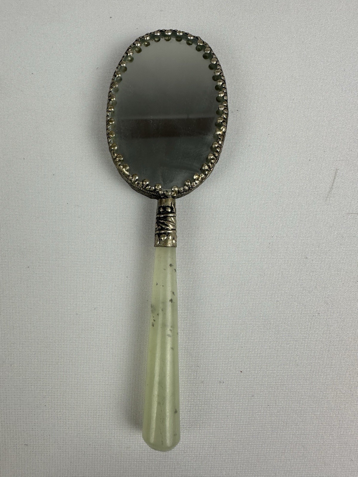 Chinese Decorative Small Hand Mirror w/ Green Stone Handle & Porcelain w/ Birds