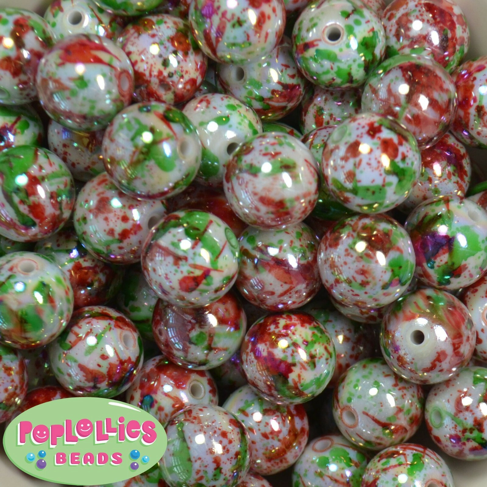 20mm Christmas Splatter Print Chunky Bubblegum Beads 20 pc