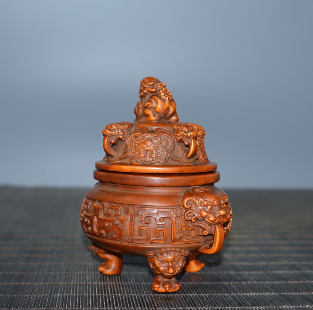 4″ Collect China Box-wood Carving Animal Foo Fu Dog Guardion Lion Incense Burner