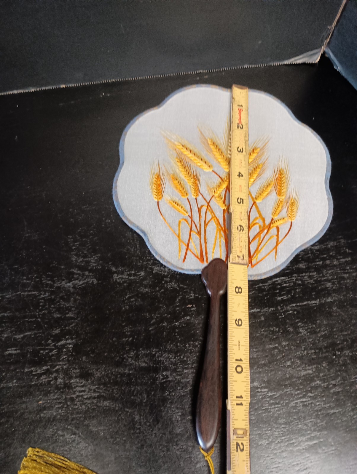 Hand Embroidered Double Sided Suzhou Embroidery Paddle Fan Wheat W/ Dragon Box