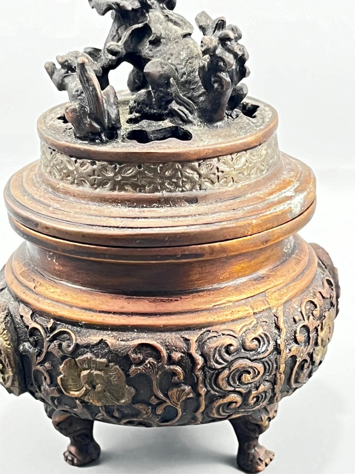 Antique Chinese Metal Bronze Brass Foo Dog Lion Ornate Incense Burner