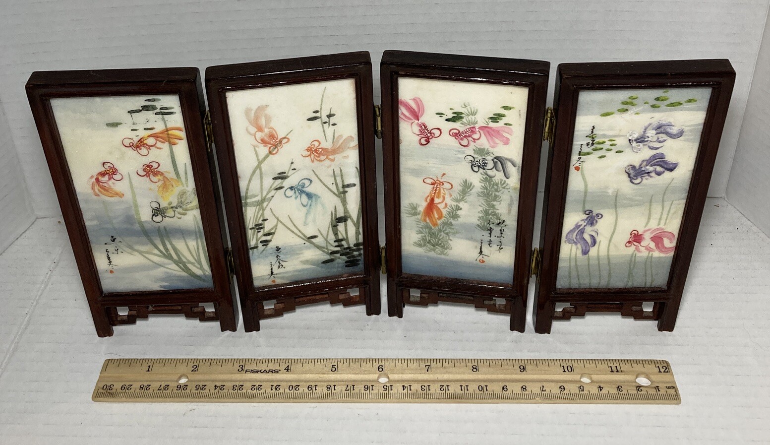 Chinese Oriental Desk Top Tile & Wood 2 Sided Folding Screen Horse Koy Fish