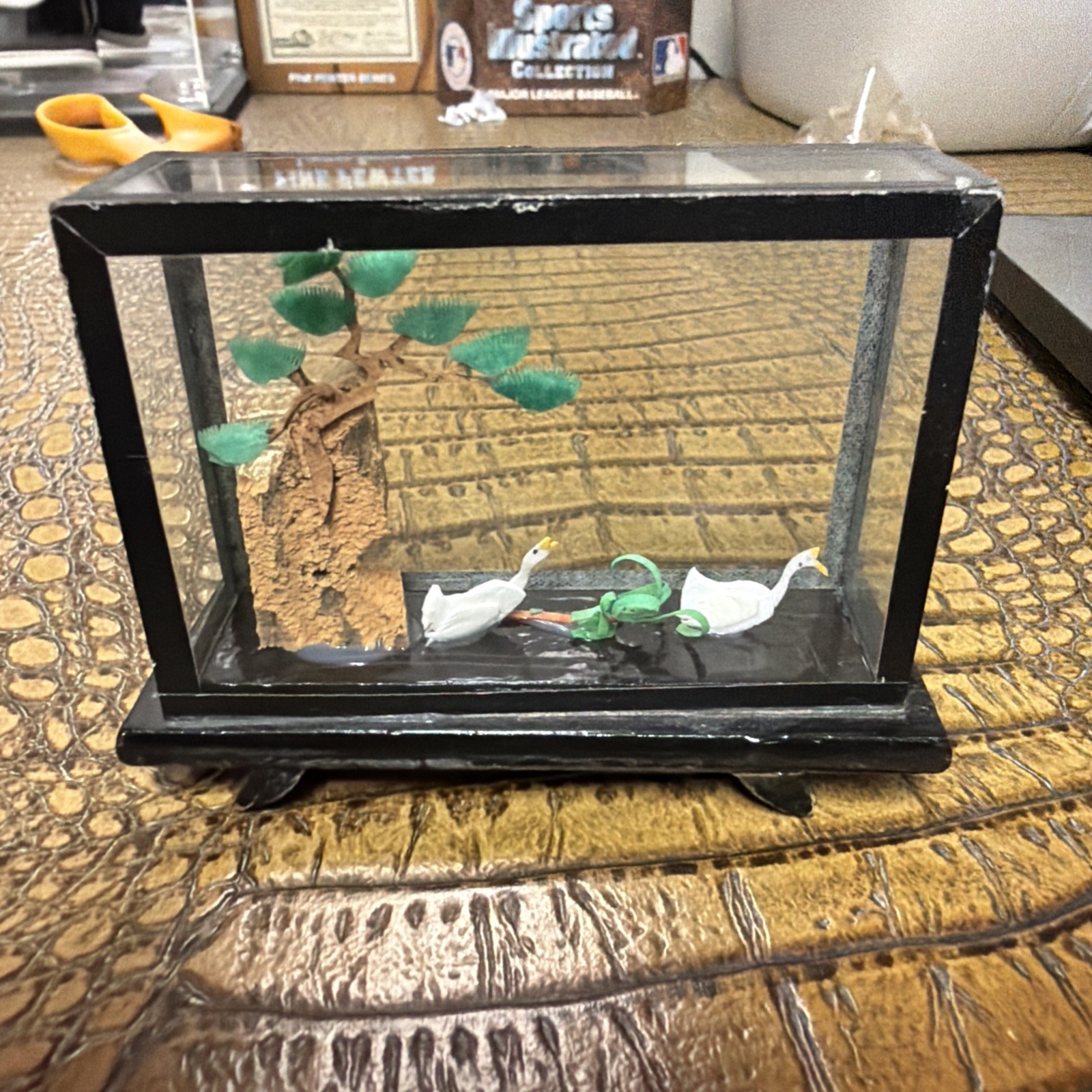 Vintage Asian Oriental Hand Carved Cork Art Shadow Box Diorama 3D Egret Pagoda