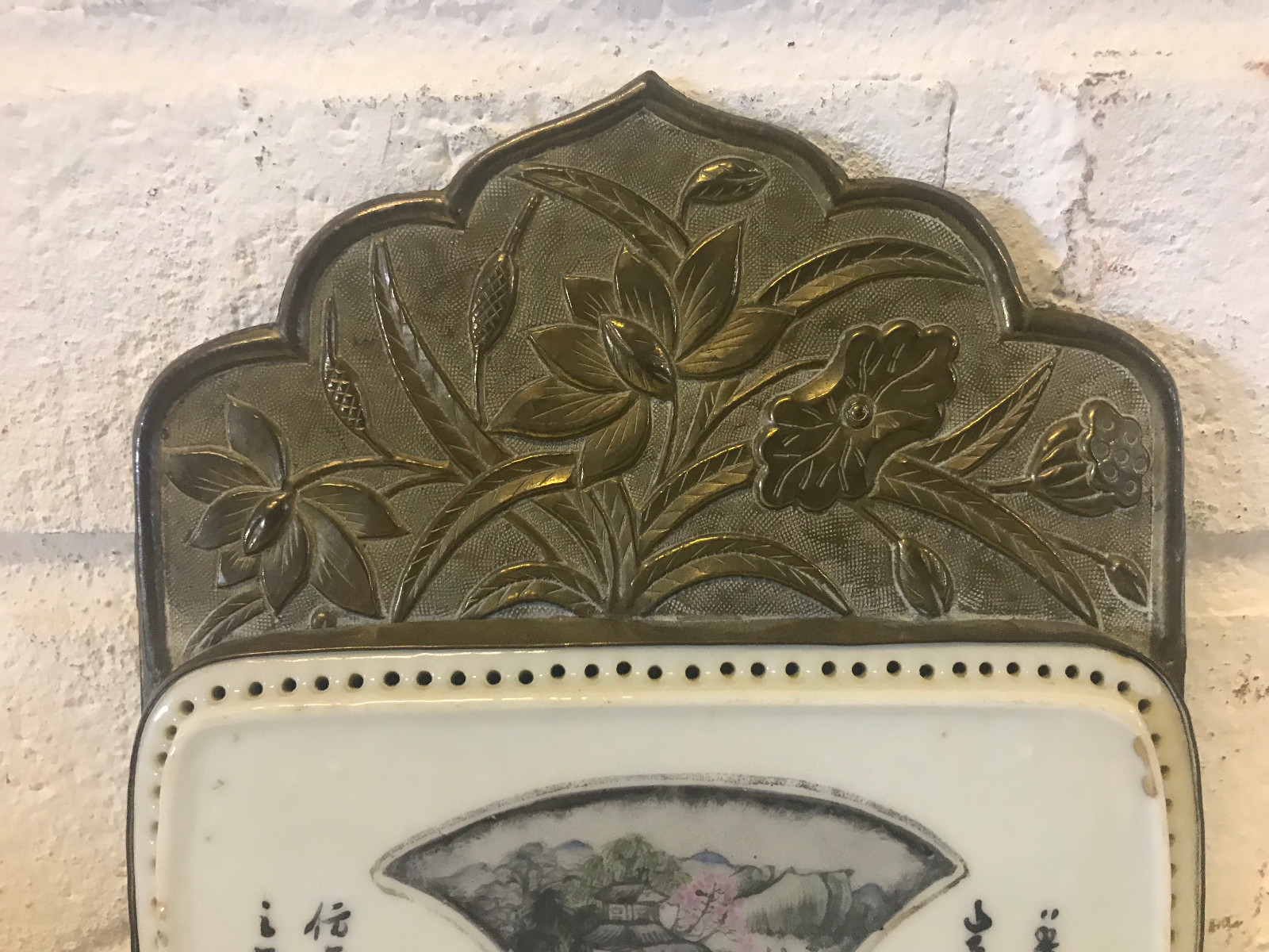 Antique Chinese Porcelain Painted Plaque Inset in Brass Frame Floral Decoration