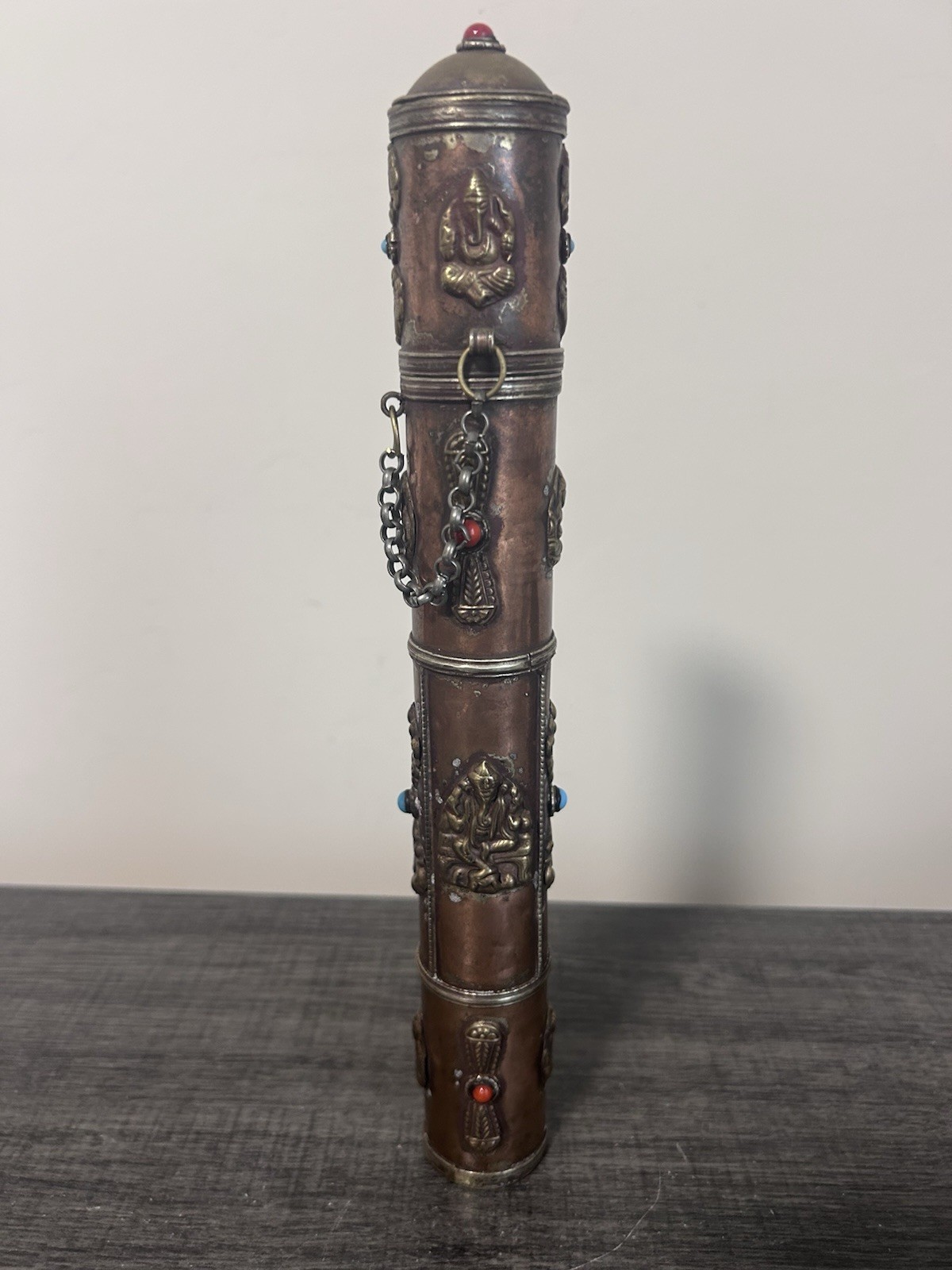 Tibet Copper Inlaid with Green Pine Stone Incense Cylinder -Collectible