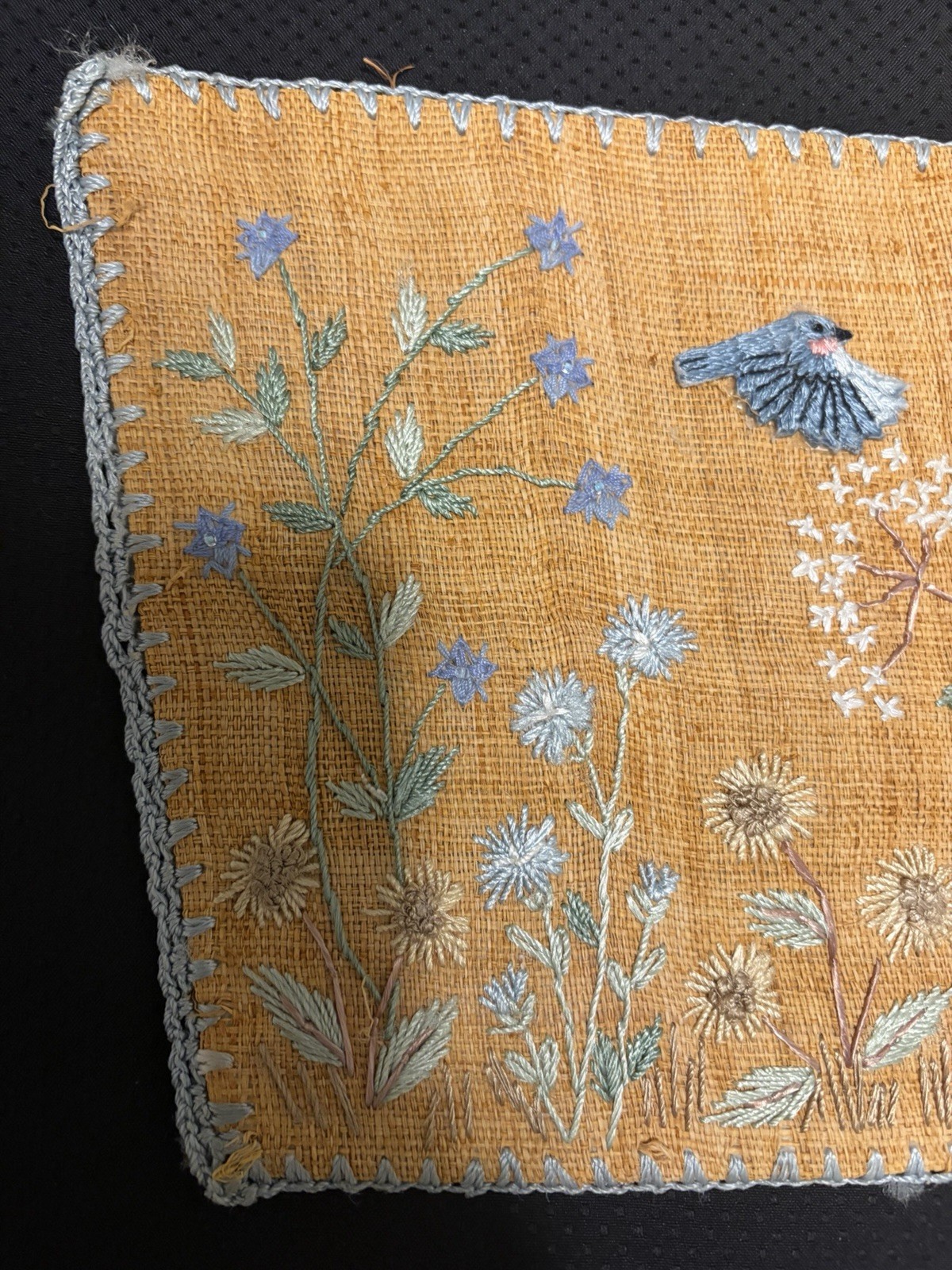 Antique Asian Embroidered Burlap Blue Bird Floral Panel 11″ Micro Bead Hemstitch