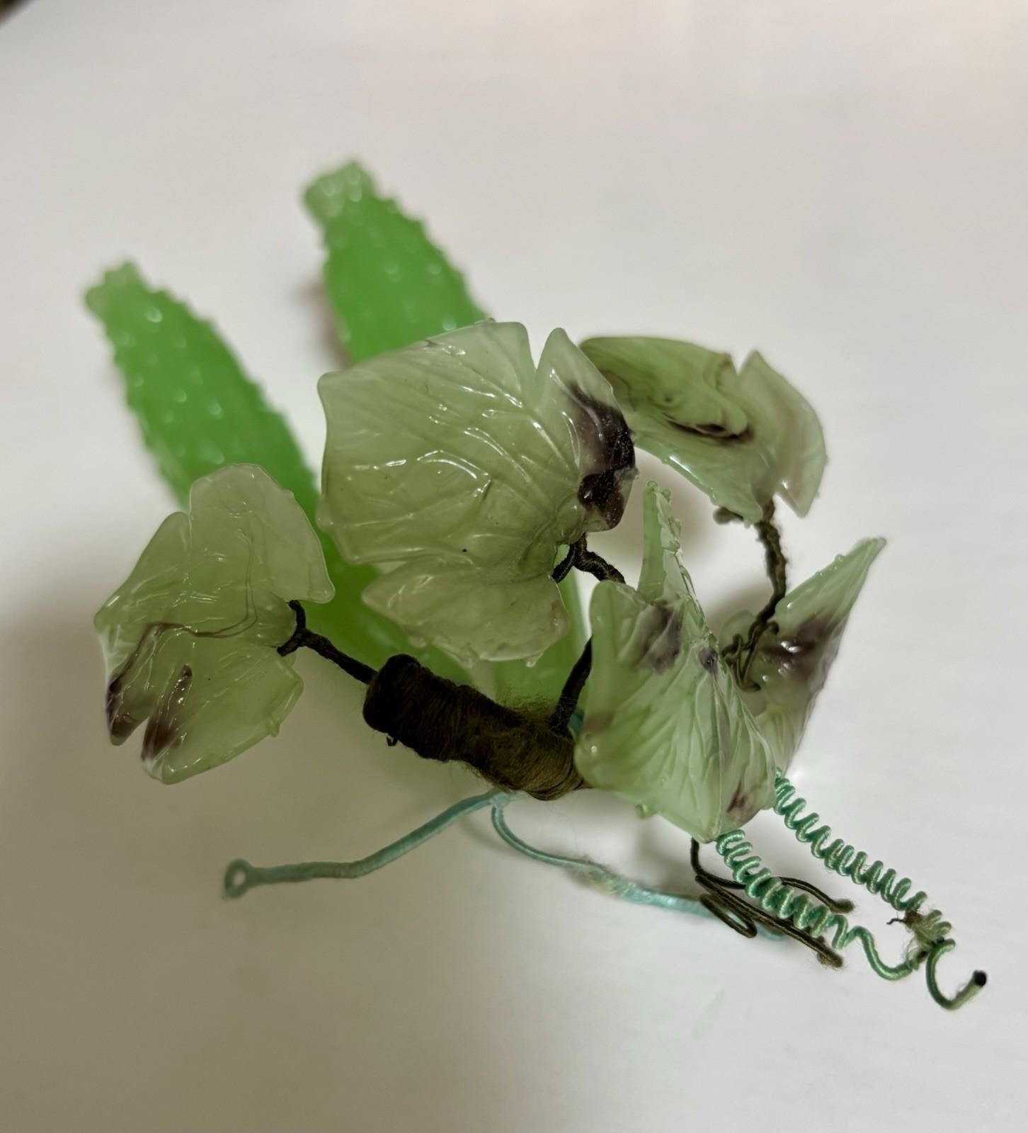 Vintage Chinese Jade Green Glass Pair of Cucumbers with 5 Jade Green Leaves