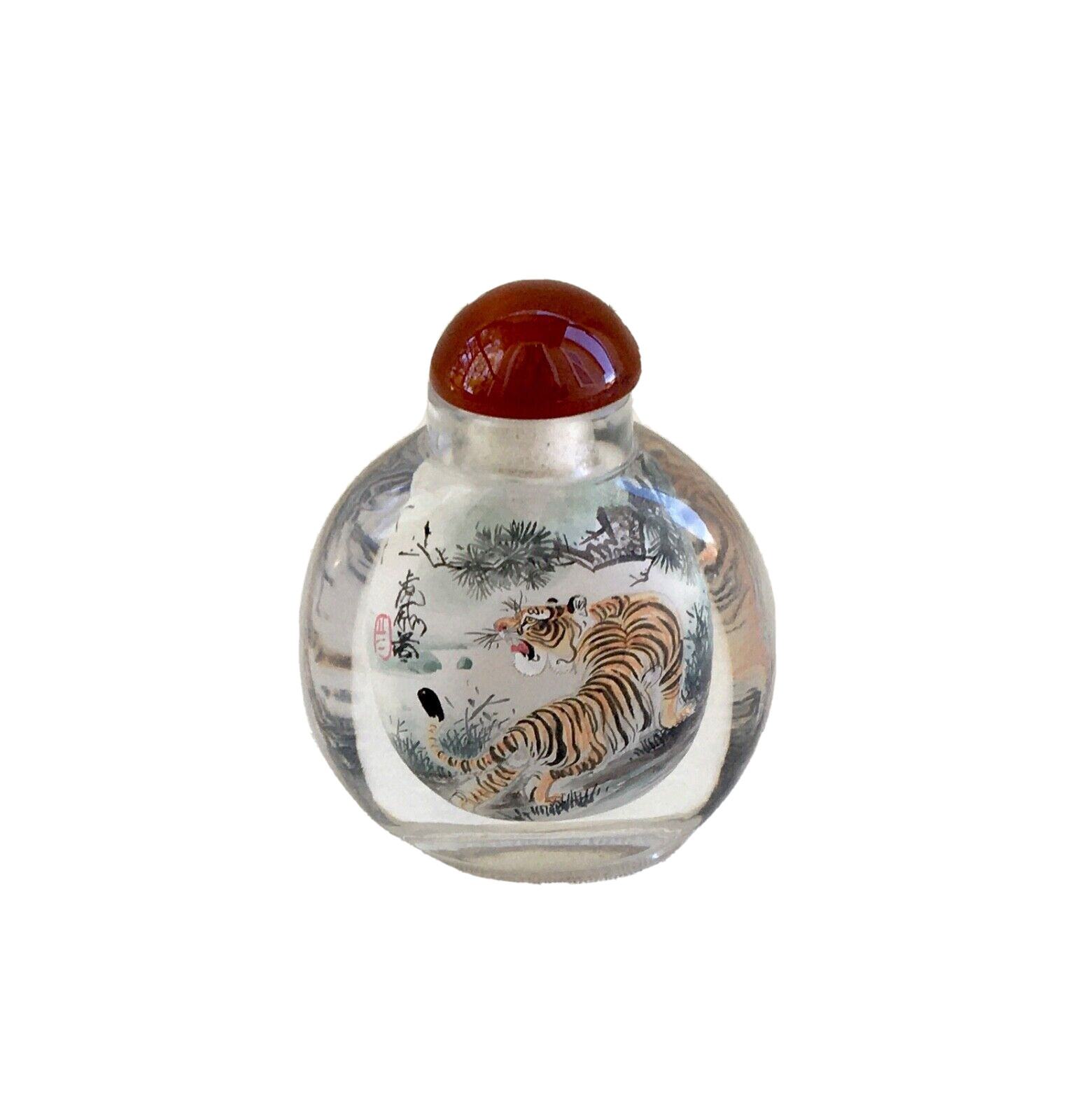 Vintage Original ‘Turning Tiger’ Hand Carved Crystal Snuff Bottle, 2-7/8″Tall